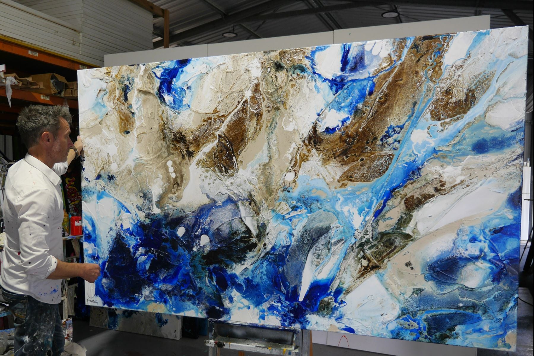 Pure Casbah 250cm x 150cm White Blue Honey Textured Abstract Painting (SOLD)-Abstract-[Franko_Artist]-[The_Block]-[Dream_Homes]-[ideas]- [Grand_Designs]-Franklin Art Studio