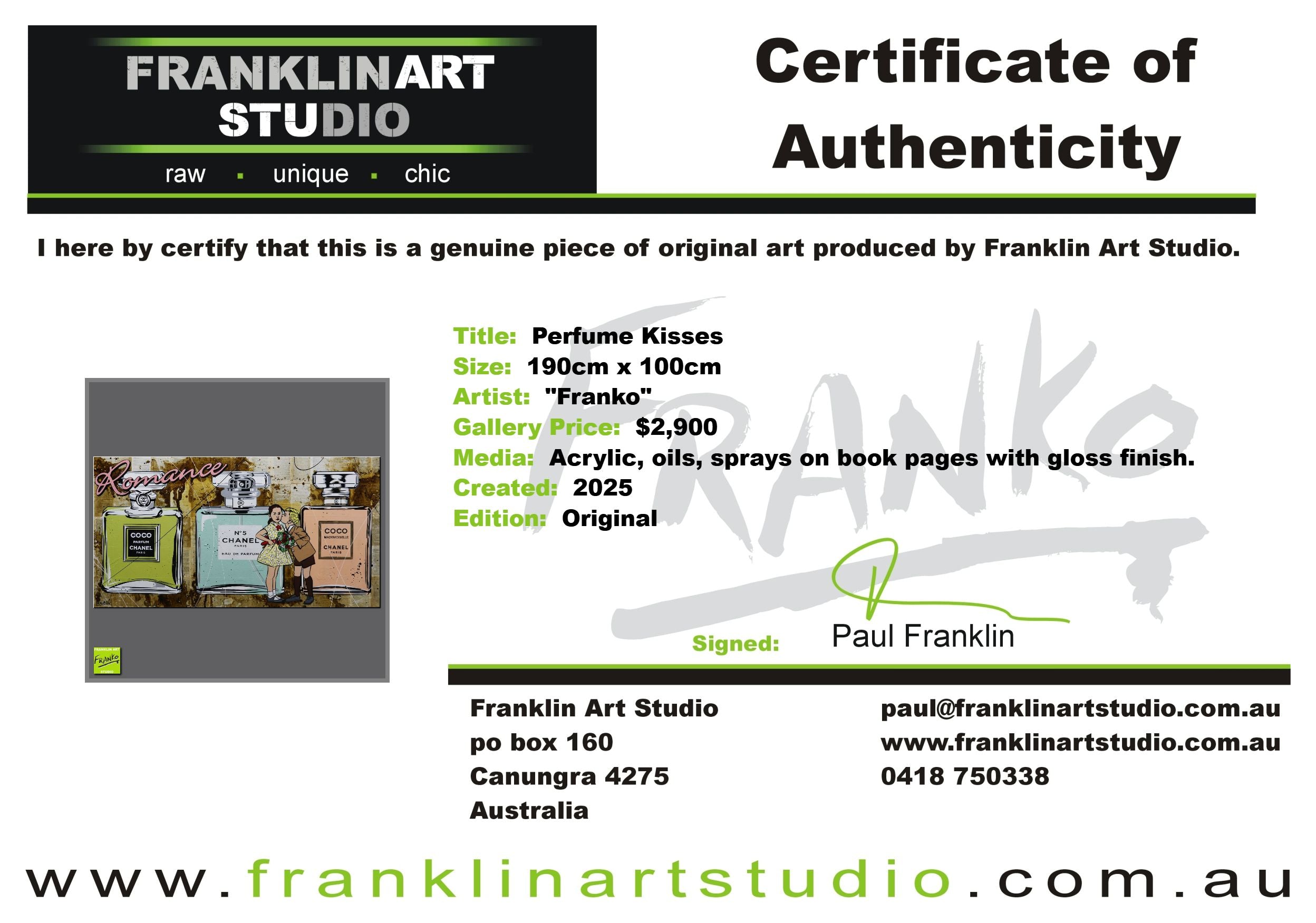 Perfume Kisses 190cm x 100cm Romantic Book Pages Urban Pop Art Painting-Urban Pop Art-[Franko_Artist]-[Australian_artist]-[Gold_Coast]-[Brisbane]-[modern]-[contemporary]-[original]-[Large_artwork]-Franklin Art Studio