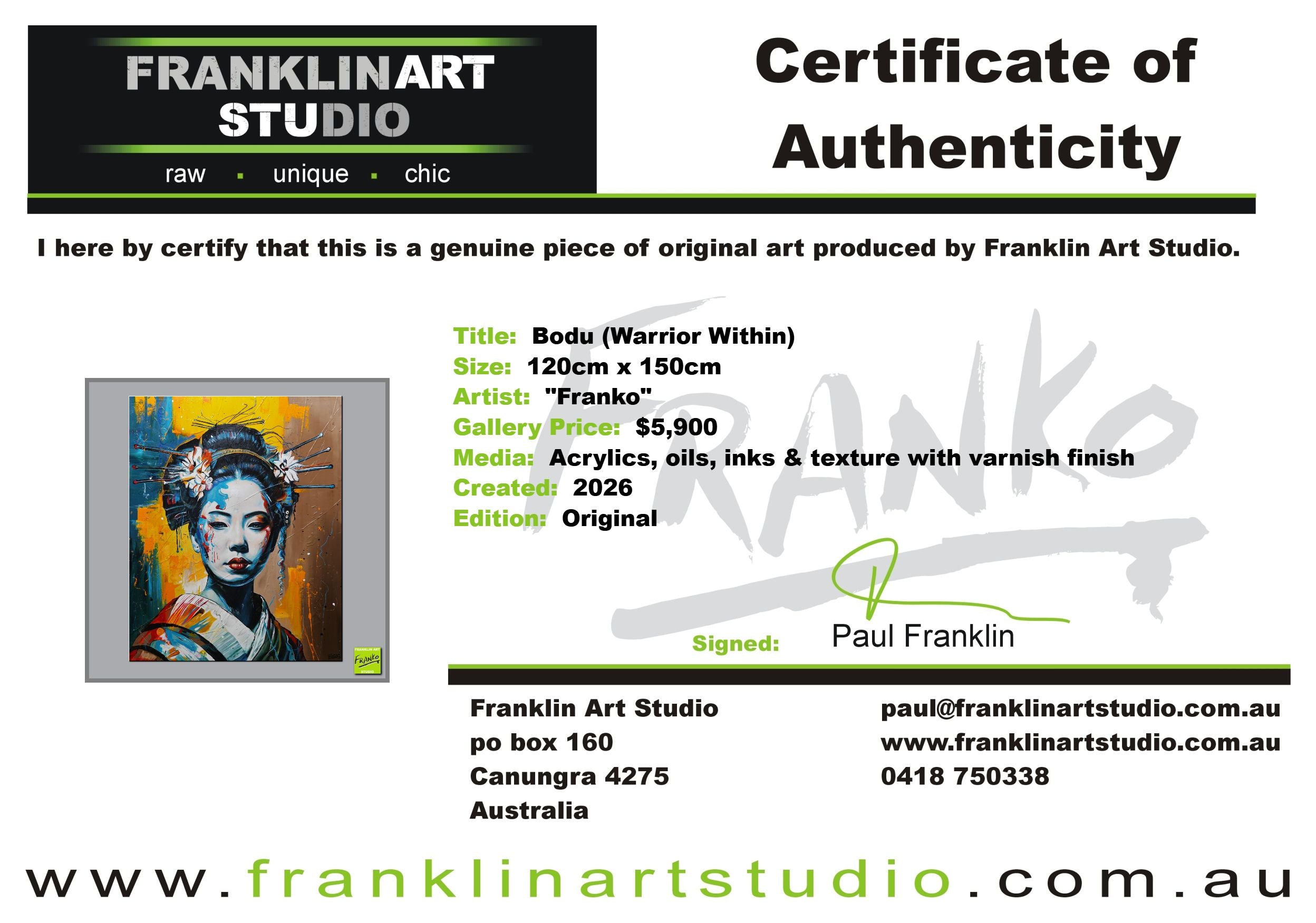 Bodu (Warrior Within) 120cm x 150cm FRAME INC Geisha Abstract Realism Textured Painting