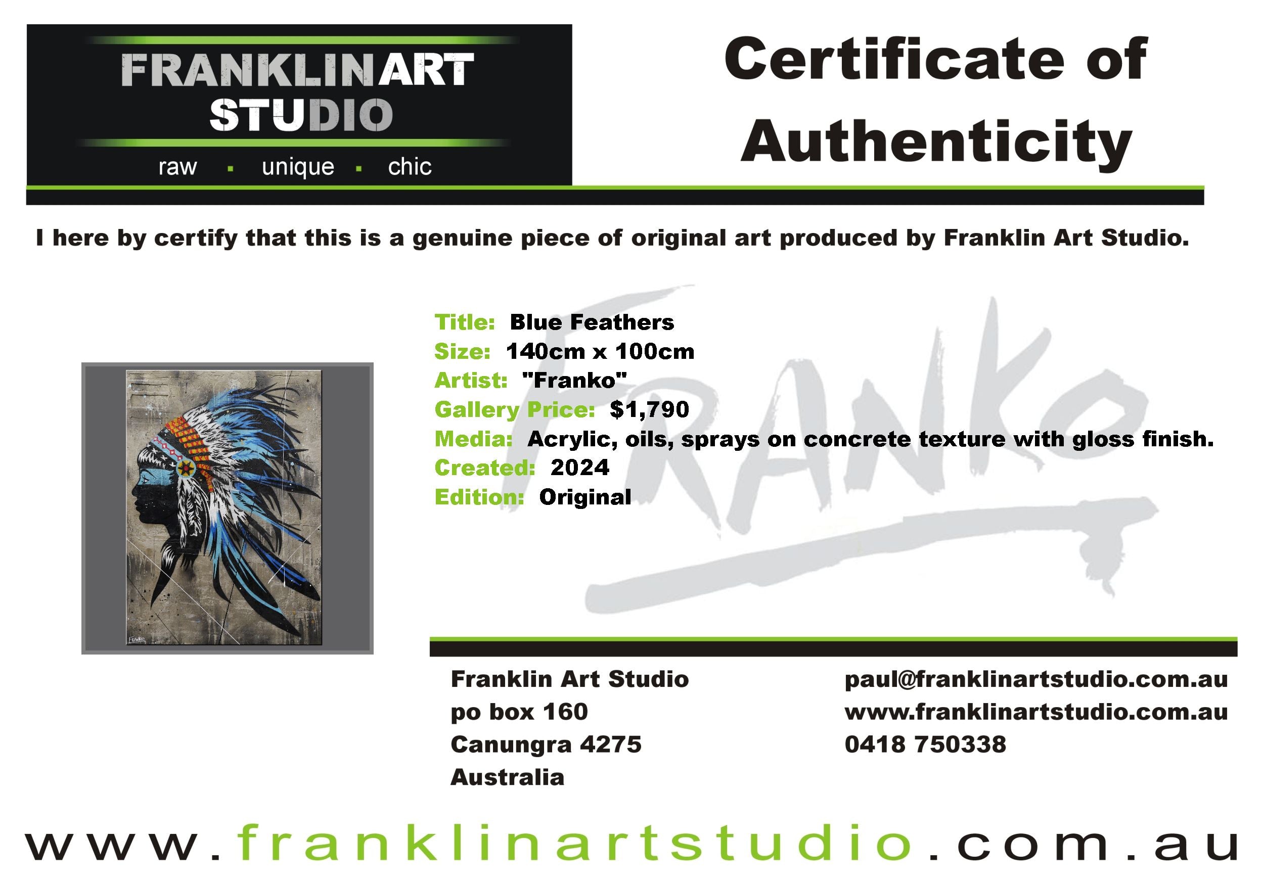 Blue Feathers 100cm x 140cm Indian Headdress Concrete Textured Urban Pop Art Painting (SOLD)