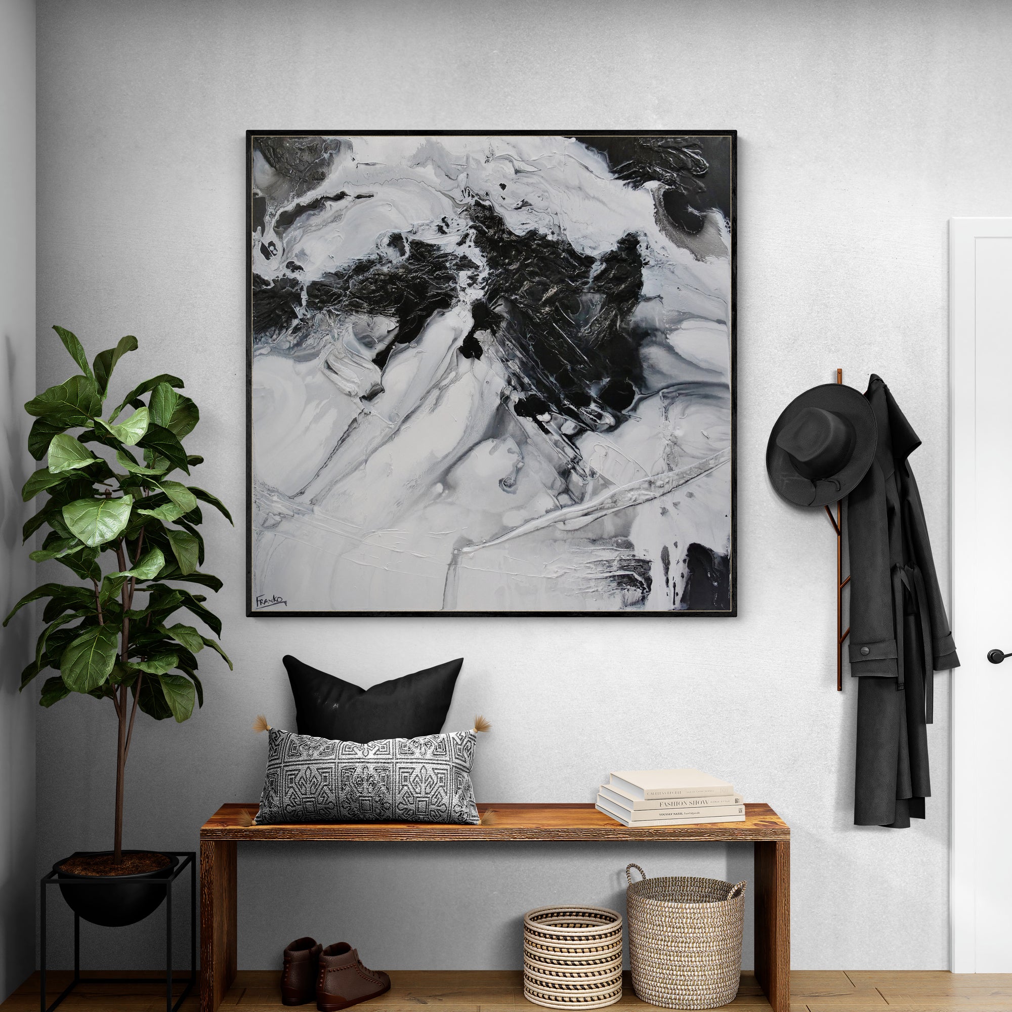 Atmosphere 120cm x 120cm Black White Textured Abstract Painting-Abstract-[Franko_Artist]-[Australian_artist]-[Gold_Coast]-[Brisbane]-[modern]-[contemporary]-[original]-[Large_artwork]-[The_Block]-[Dream_Homes]-[ideas]-[Grand_Designs]-[Art_Lover]-Franklin Art Studio