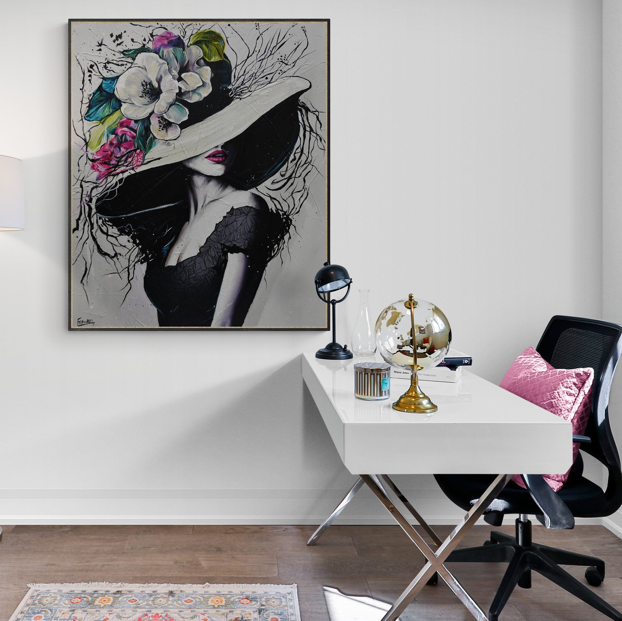 Alexis 120cm x 100cm Flower Hat Abstract Elegance Textured Painting (SOLD)-people-[Franko_Artist]-[Australian_artist]-[Gold_Coast]-[Brisbane]-[modern]-[contemporary]-[original]-[Large_artwork]-[The_Block]-[Dream_Homes]-[ideas]-[Grand_Designs]-[Art_Lover]-Franklin Art Studio