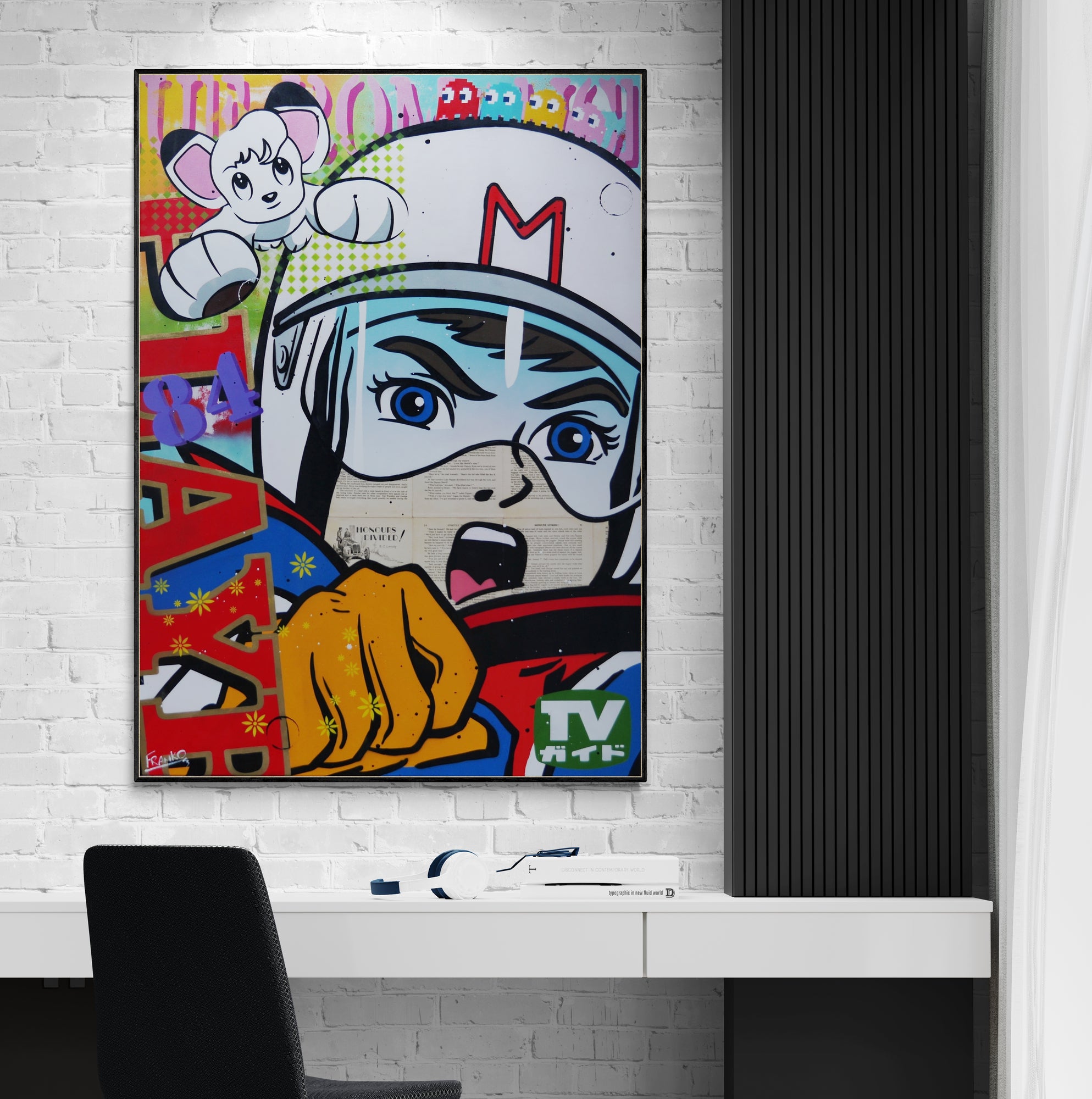Speeding '84 100cm x 140cm Speed Racer Vintage Urban Pop Book Club Painting (SOLD)-book club-[Franko_Artist]-[The_Block]-[Dream_Homes]-[ideas]-[Grand_Designs]-[Art_Lover]-Franklin Art Studio