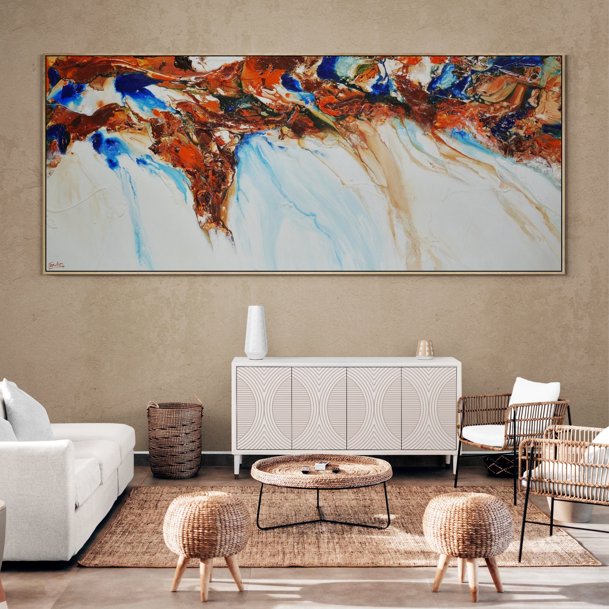 Sapphire Blue Coast 240cm x 100cm White Blue Ochre Textured Abstract Painting (SOLD)-Abstract-[Franko_Artist]-[Australian_artist]-[Gold_Coast]-[Brisbane]-[modern]-[contemporary]-[original]-[Large_artwork]-[The_Block]-[Dream_Homes]-[ideas]-[Grand_Designs]-[Art_Lover]-Franklin Art Studio