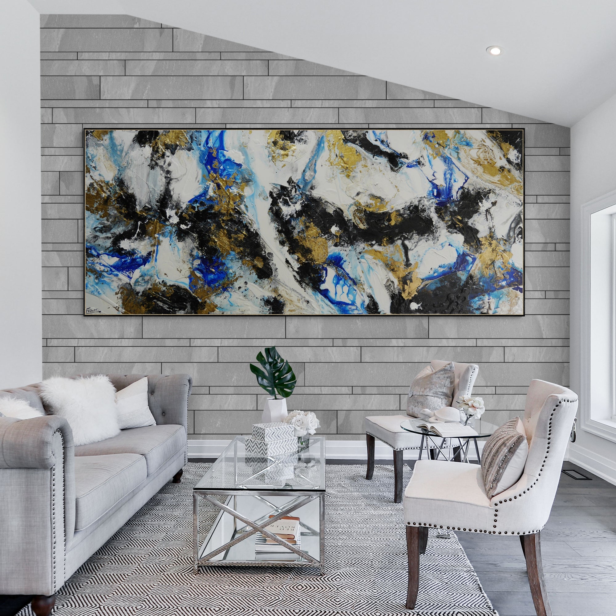 Golden Genesis 240cm x 100cm Blue White Metallic Gold Textured Abstract Painting (SOLD)-Abstract-[Franko_Artist]-[The_Block]-[Dream_Homes]-[ideas]-[Grand_Designs]-[Art_Lover]-Franklin Art Studio