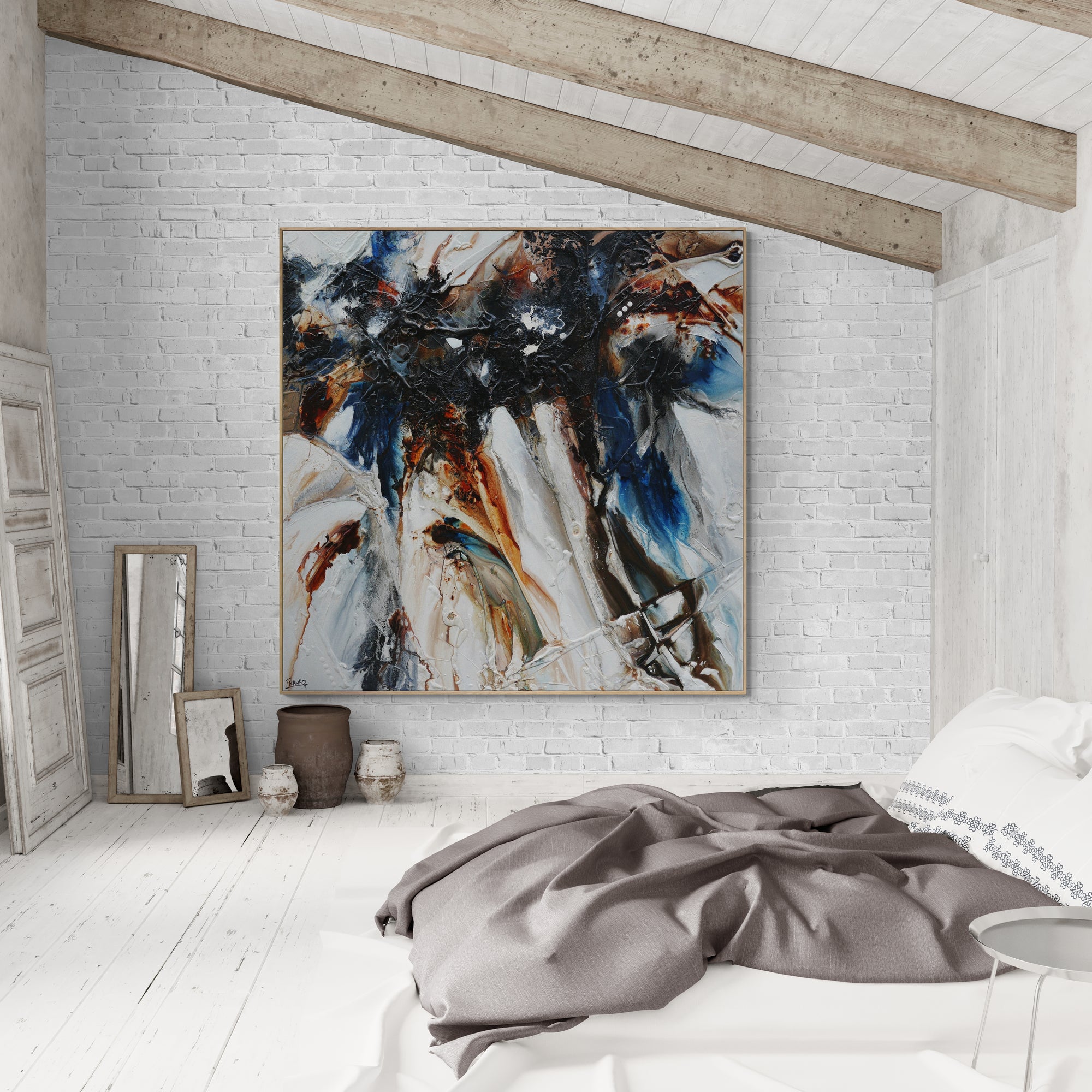 Denim Rush 150cm x 150cm Rustic Blue Textured Abstract Painting (SOLD)-Abstract-[Franko_Artist]-[The_Block]-[Dream_Homes]-[ideas]-[Grand_Designs]-[Art_Lover]-Franklin Art Studio