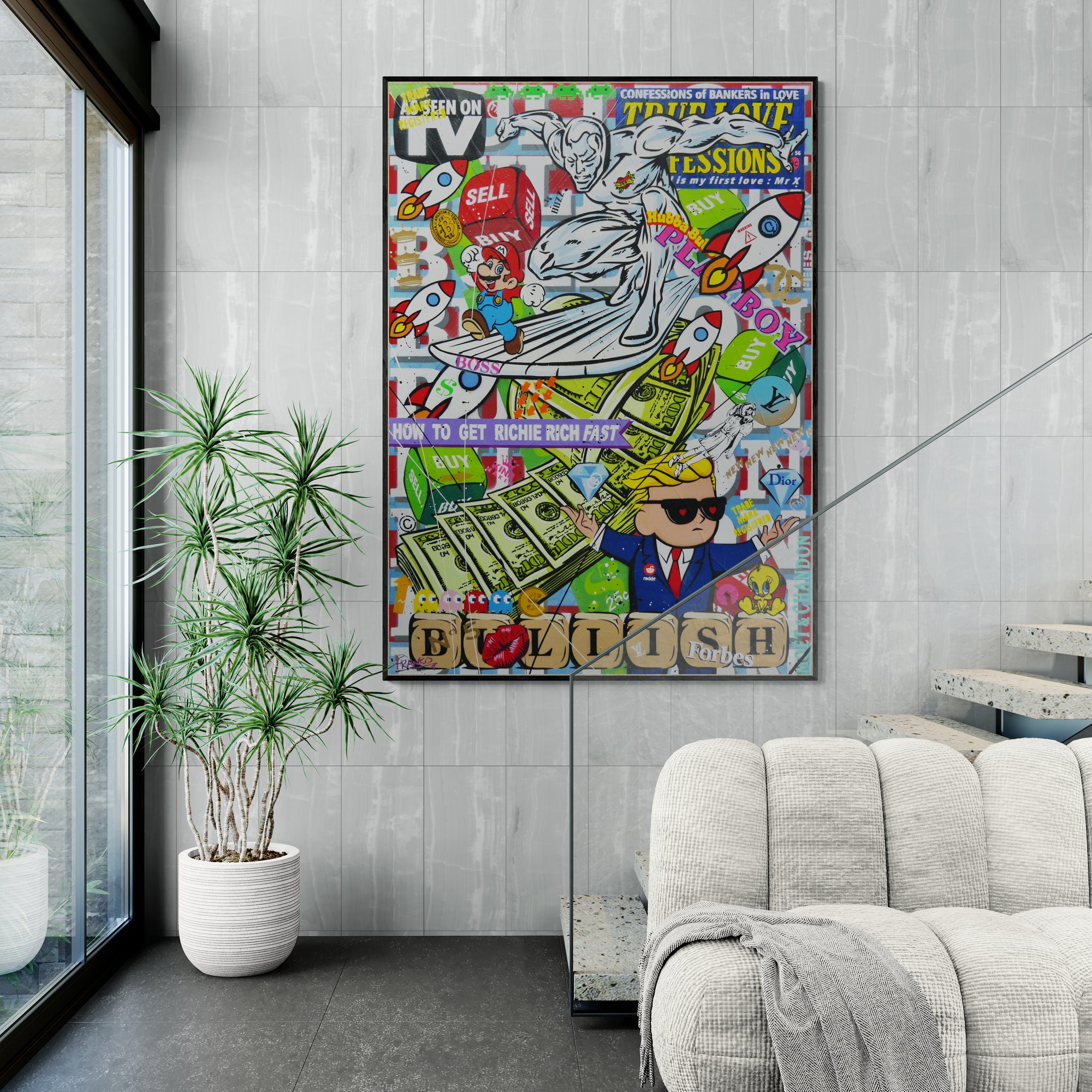 The Money Wave 120cm x 150cm Monopoly Man Textured Urban Pop Art Painting
