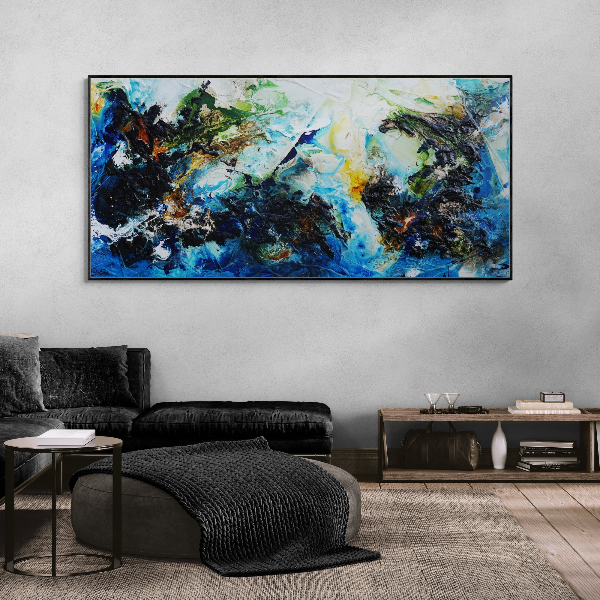 Blue Summer 210cm x 100cm Textured Abstract Painting (SOLD)-Abstract-[Franko_Artist]-[The_Block]-[Dream_Homes]-[ideas]-[Grand_Designs]-[Art_Lover]-Franklin Art Studio