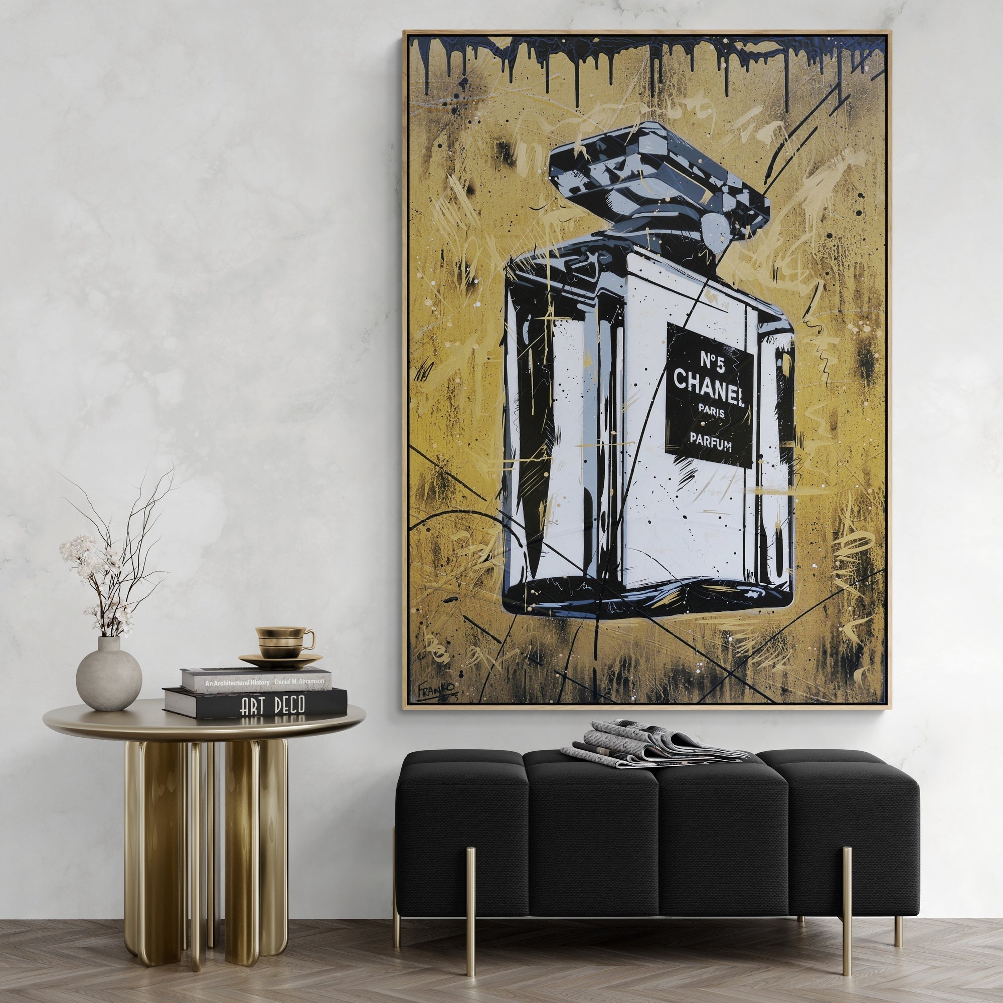 Rolled Gold 140cm x 100cm Metallic Gold Perfume Bottle Textured Urban Pop Art Painting (SOLD)-Urban Pop Art-[Franko_Artist]-[The_Block]-[Dream_Homes]-[ideas]-[Grand_Designs]-[Art_Lover]-Franklin Art Studio