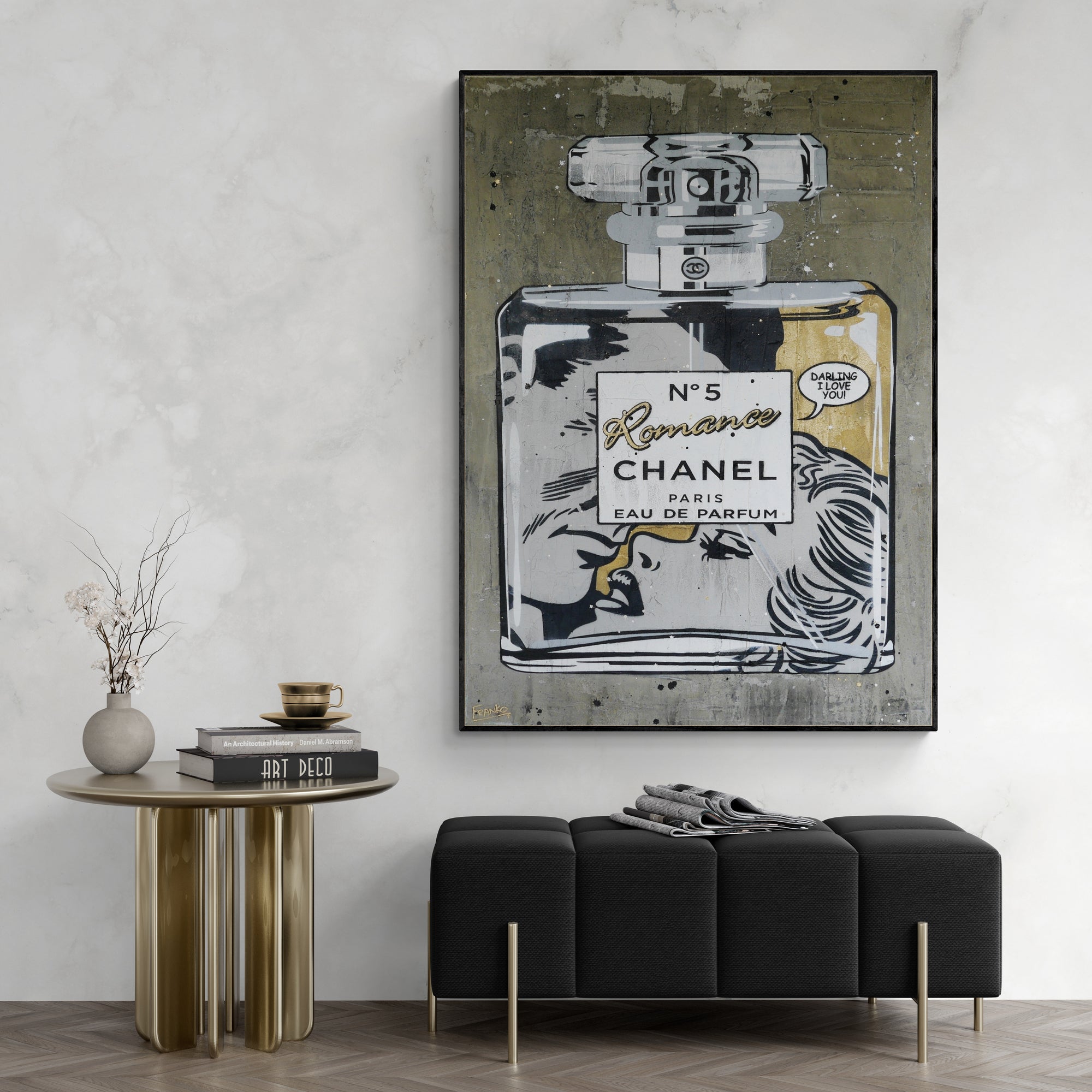 Golden Romance 100cm x 140cm Perfume Concrete Textured Urban Pop Art Painting (SOLD)-Urban Pop Art-[Franko_Artist]-[Australian_artist]-[Gold_Coast]-[Brisbane]-[modern]-[contemporary]-[original]-[Large_artwork]-[The_Block]-[Dream_Homes]-[ideas]-[Grand_Designs]-[Art_Lover]-Franklin Art Studio