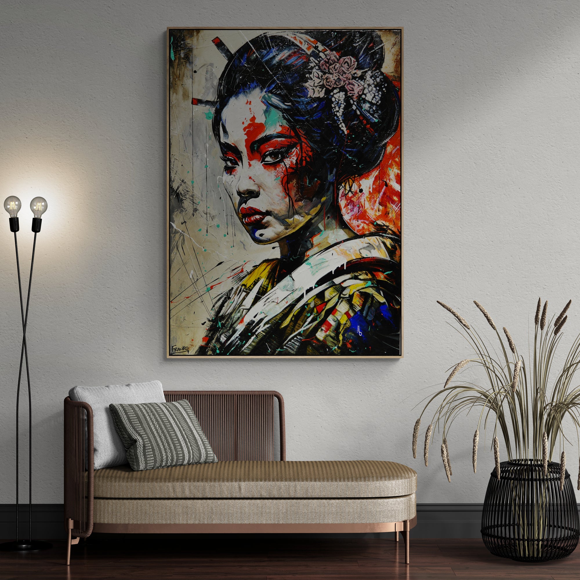 Mulan 140cm x 100cm FRAMED IN OAK Warrior Abstract Realism Art Acrylic Textured Varnished (SOLD)-Abstract-[Franko_Artist]-[The_Block]-[Dream_Homes]-[ideas]-[Grand_Designs]-[Art_Lover]-Franklin Art Studio