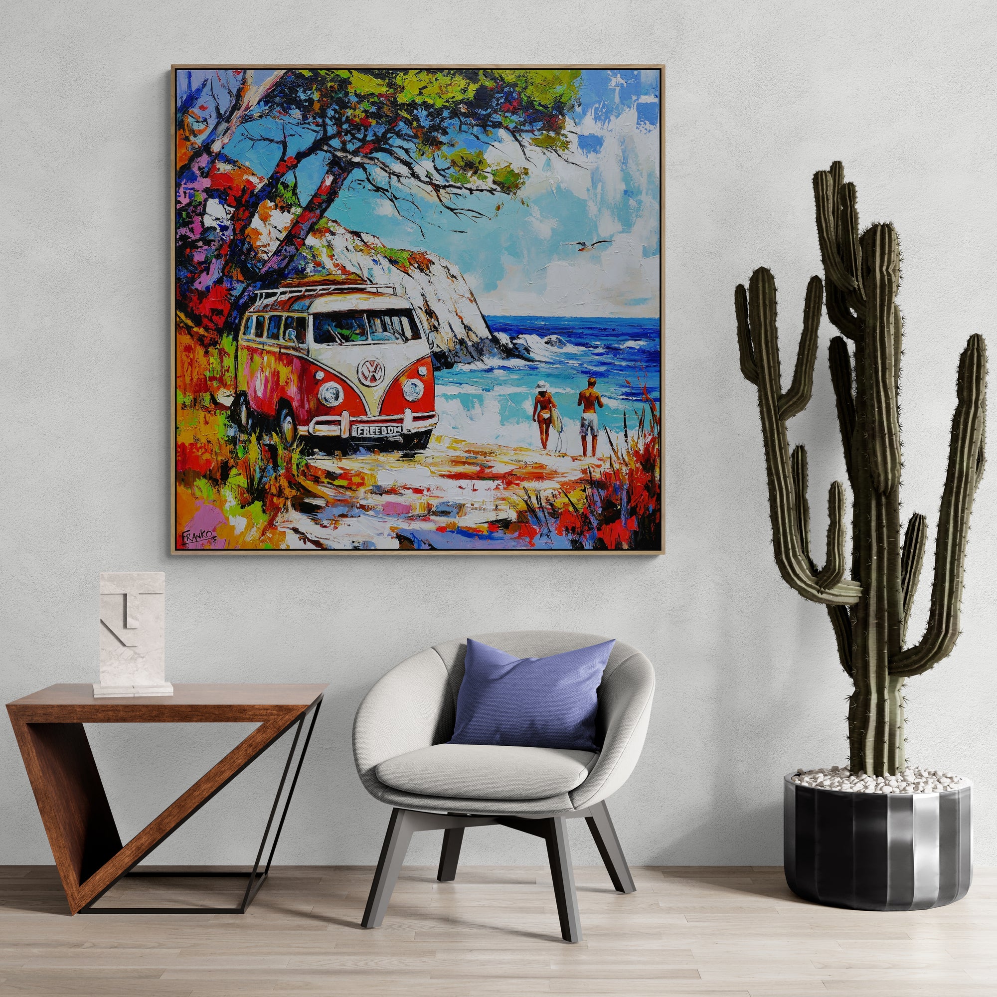 Free Bird 120cm x 120cm Beach Kombi Abstract Realism Framed Textured Painting (SOLD)-Landscape-[Franko_Artist]-[Australian_artist]-[Gold_Coast]-[Brisbane]-[modern]-[contemporary]-[original]-[Large_artwork]-[The_Block]-[Dream_Homes]-[ideas]-[Grand_Designs]-[Art_Lover]-Franklin Art Studio
