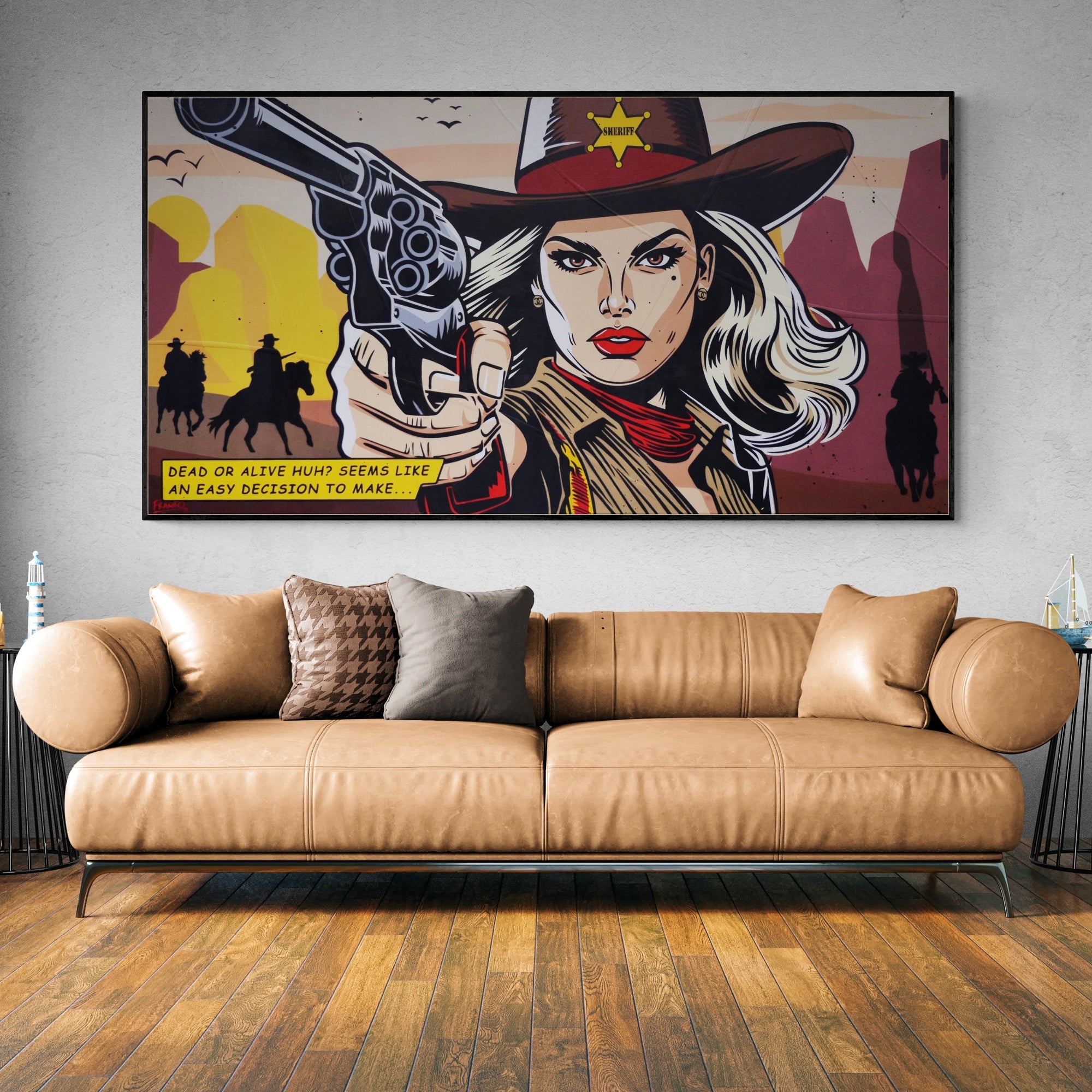 The Sheriff 190cm x 100cm Cowgirl Textured Classic Pop Art Painting (SOLD)-Urban Pop Art-[Franko_Artist]-[Australian_artist]-[Gold_Coast]-[Brisbane]-[modern]-[contemporary]-[original]-[Large_artwork]-[The_Block]-[Dream_Homes]-[ideas]-[Grand_Designs]-[Art_Lover]-Franklin Art Studio