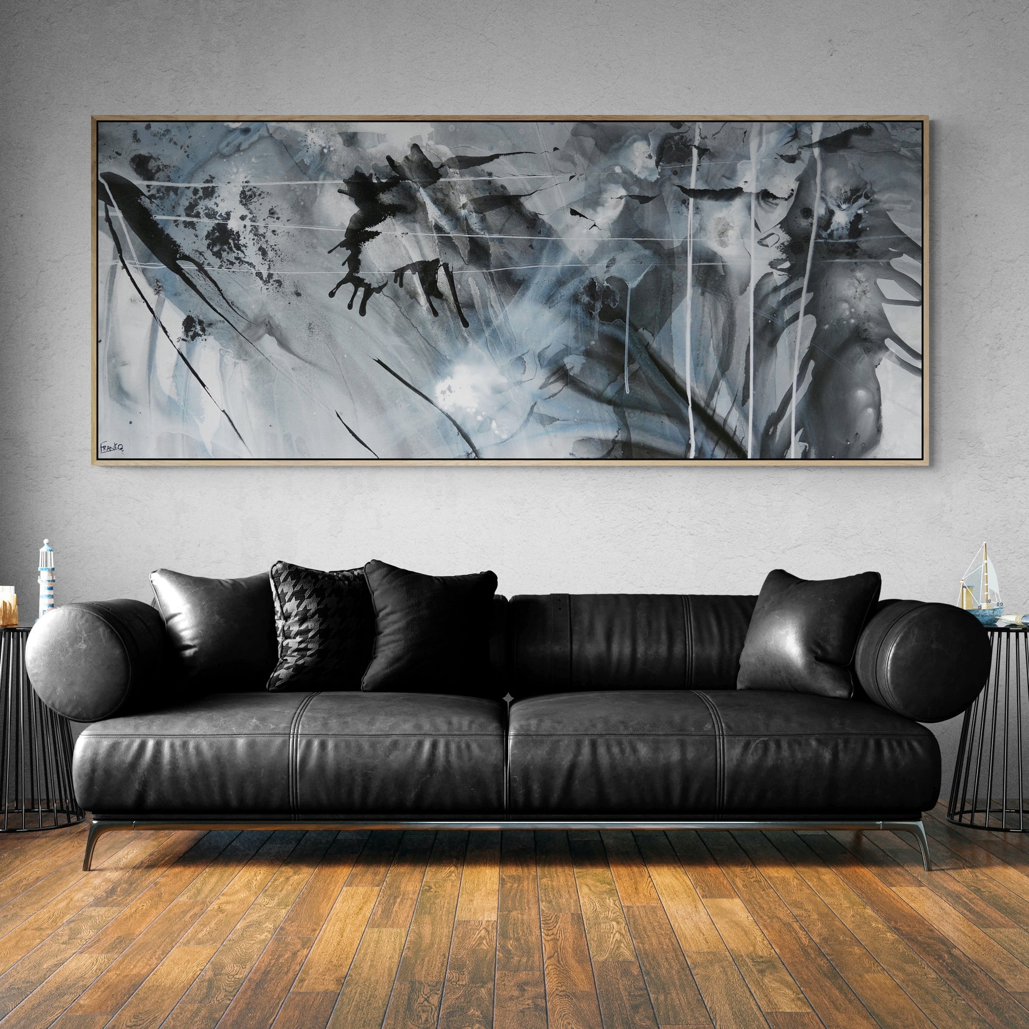 Refined 777 240cm x 100cm Greyscale Blended Ink Abstract Painting (SOLD)-Abstract-[Franko_Artist]-[The_Block]-[Dream_Homes]-[ideas]-[Grand_Designs]-[Art_Lover]-Franklin Art Studio