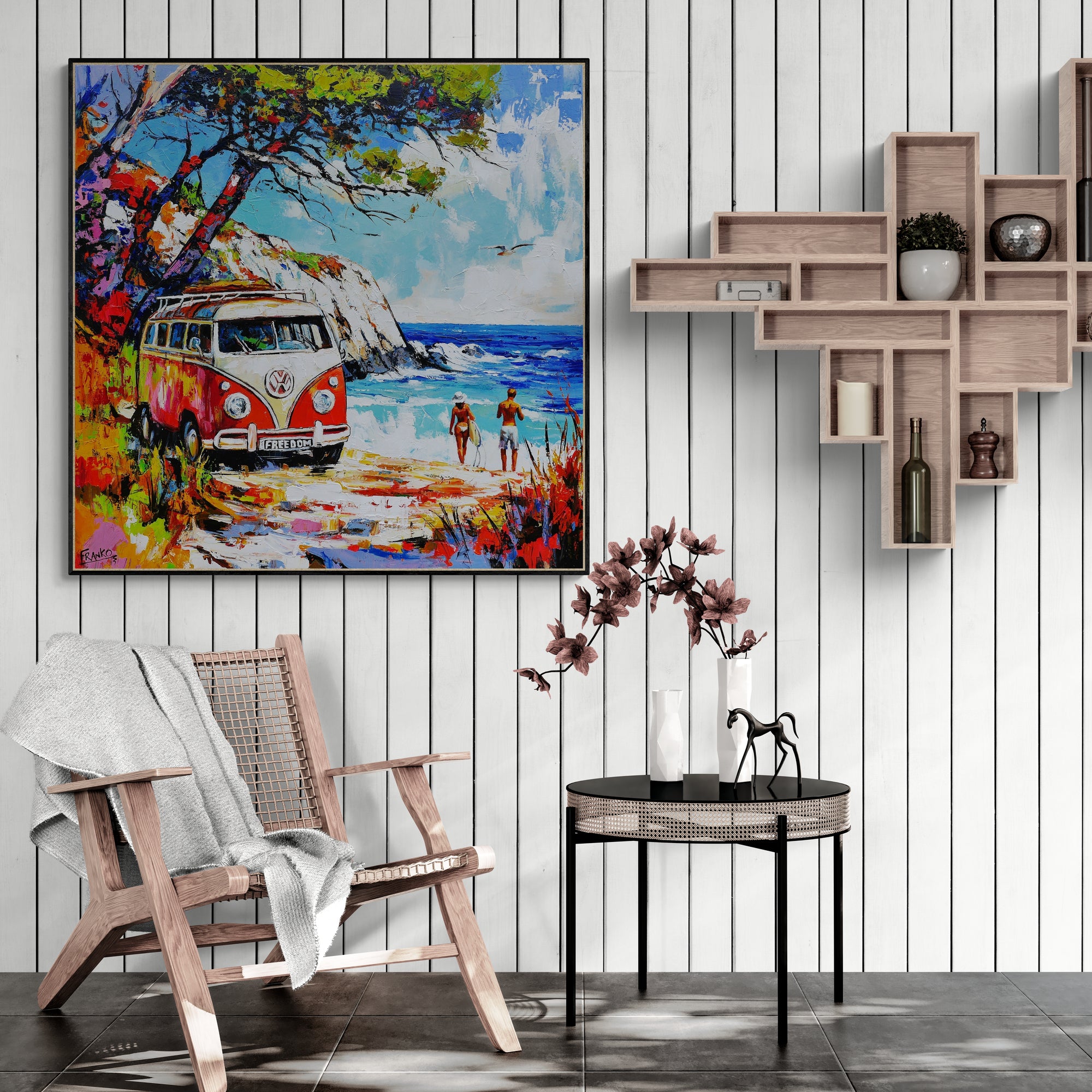 Free Bird 120cm x 120cm Beach Kombi Abstract Realism Framed Textured Painting (SOLD)-Landscape-[Franko_Artist]-[The_Block]-[Dream_Homes]-[ideas]-[Grand_Designs]-[Art_Lover]-Franklin Art Studio