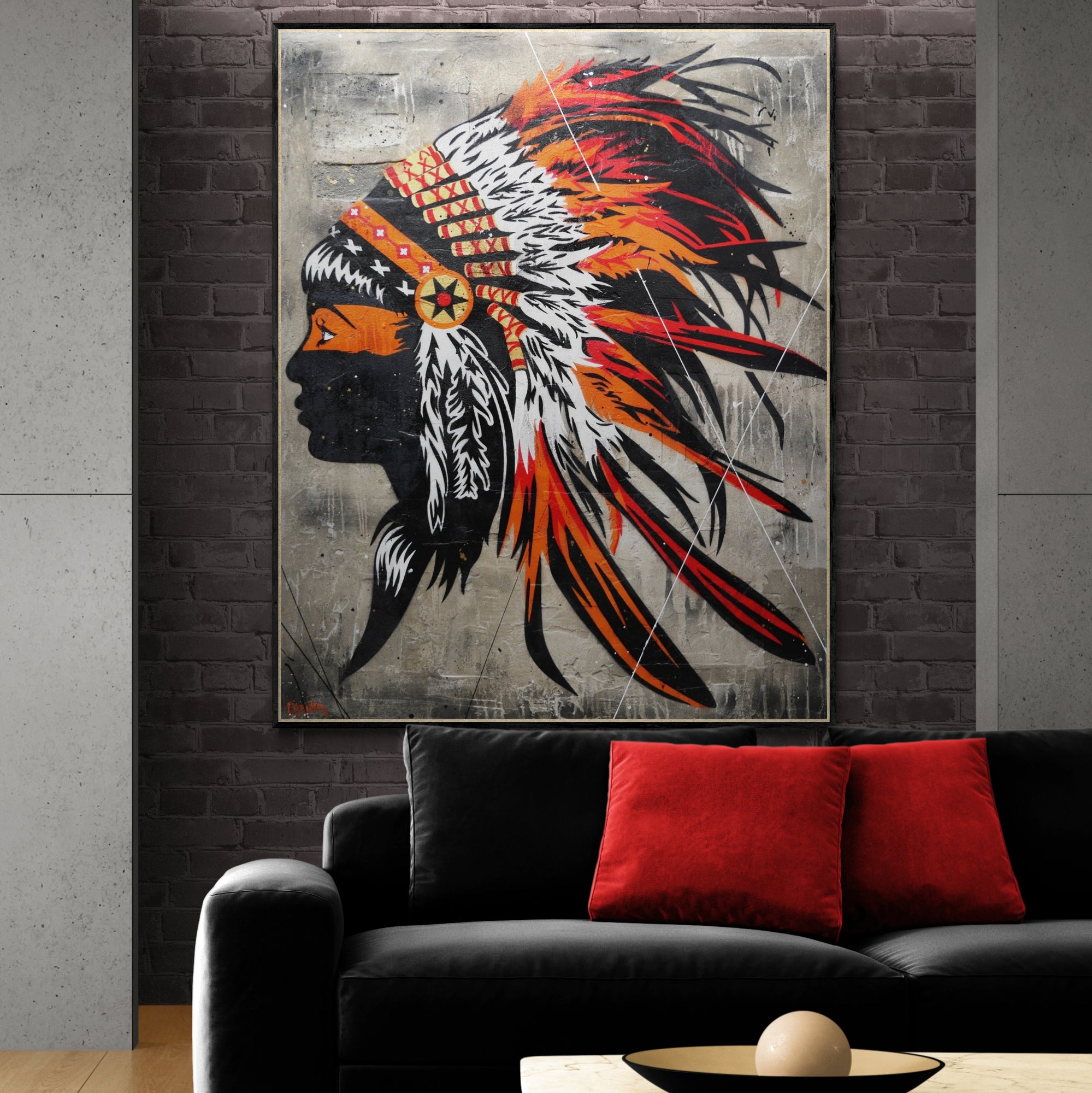 update alt-text with template Orange Feathers 120cm x 150cm Indian Headdress Concrete Textured Urban Pop Art Painting-Urban Pop Art-[Franko_Artist]-[The_Block]-[Dream_Homes]-[ideas]- [Grand_Designs]-Franklin Art Studio