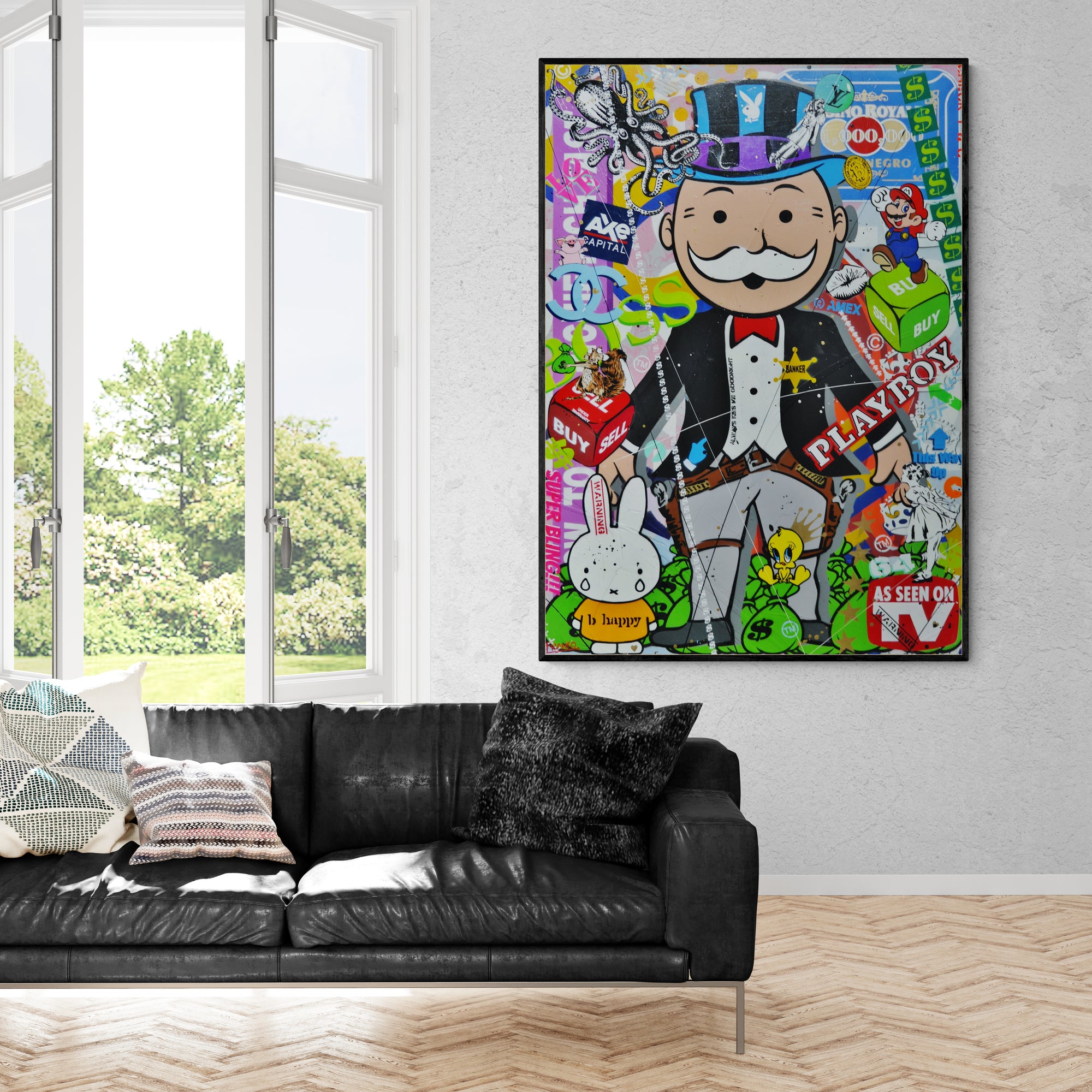 Buy the Bank 100cm x 140cm Monopoly Man Textured Urban Pop Art Spray Paint Painting (SOLD)-Urban Pop Art-[Franko_Artist]-[Australian_artist]-[Gold_Coast]-[Brisbane]-[modern]-[contemporary]-[original]-[Large_artwork]-[The_Block]-[Dream_Homes]-[ideas]-[Grand_Designs]-[Art_Lover]-Franklin Art Studio