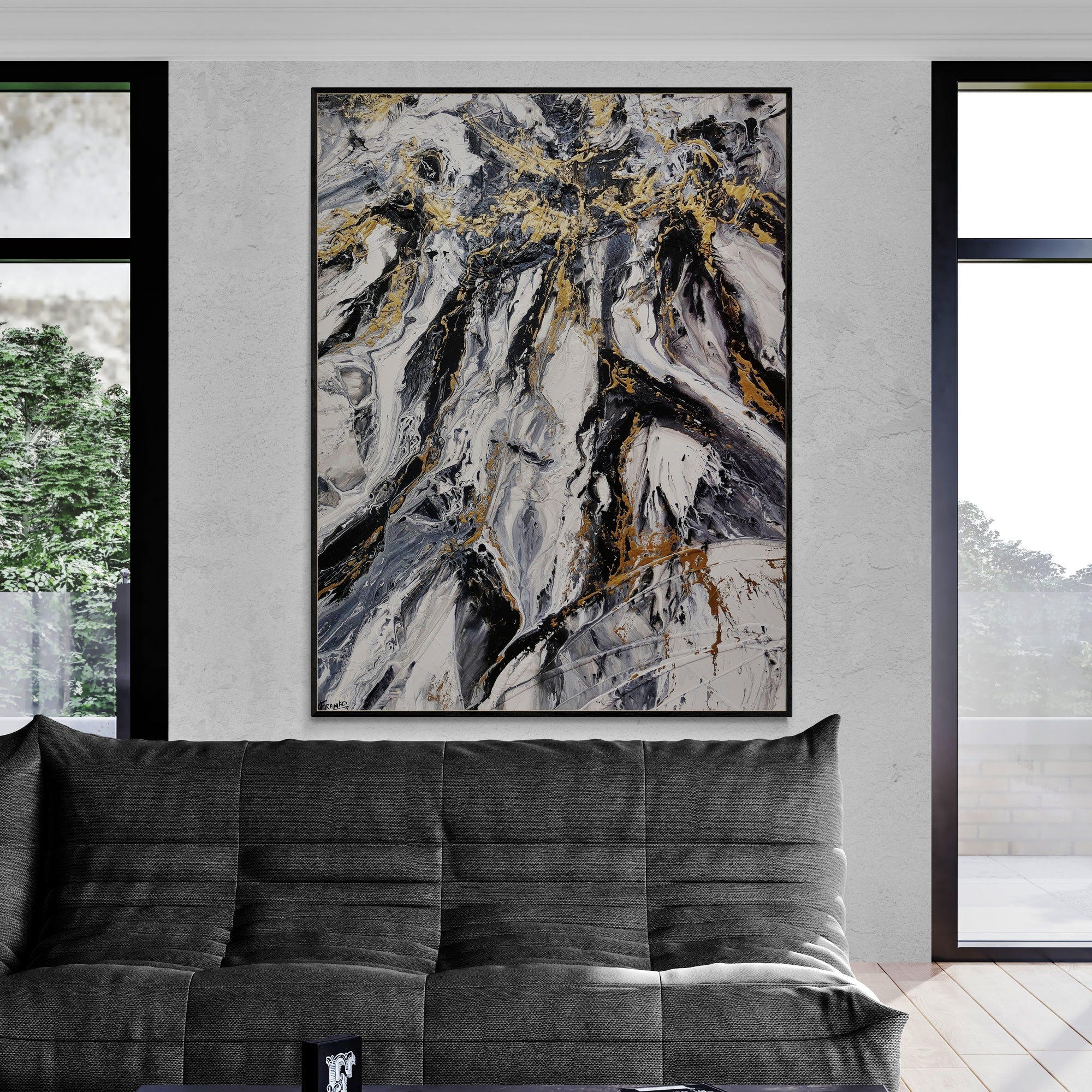 Glitz and Glamour 140cm x 180cm Black Gold White Textured Abstract Painting (SOLD)-Abstract-[Franko_Artist]-[Australian_artist]-[Gold_Coast]-[Brisbane]-[modern]-[contemporary]-[original]-[Large_artwork]-[The_Block]-[Dream_Homes]-[ideas]-[Grand_Designs]-[Art_Lover]-Franklin Art Studio