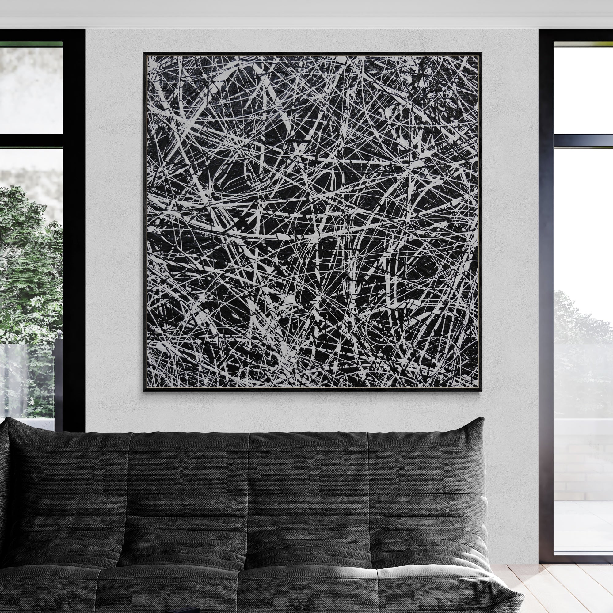 Frozen Squared 150cm x 150cm Black White Textured Abstract Painting (SOLD)-Abstract-[Franko_Artist]-[Australian_artist]-[Gold_Coast]-[Brisbane]-[modern]-[contemporary]-[original]-[Large_artwork]-[The_Block]-[Dream_Homes]-[ideas]-[Grand_Designs]-[Art_Lover]-Franklin Art Studio