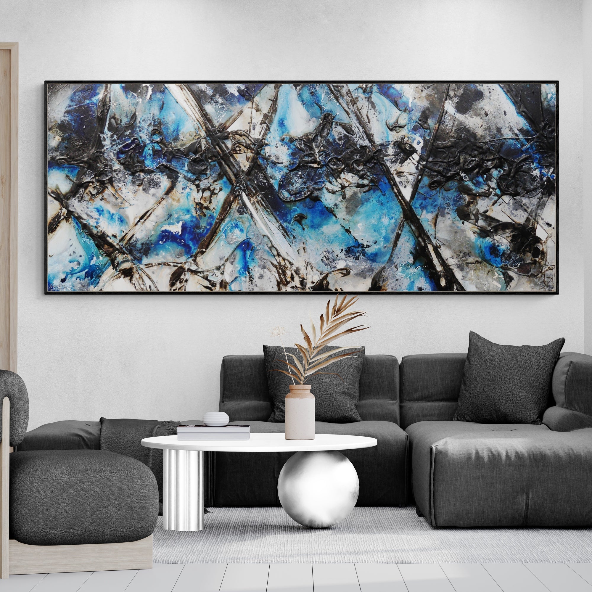 Blue Steel 240cm x 100cm Blue Black White Textured Abstract Painting (SOLD)-Abstract-[Franko_Artist]-[Australian_artist]-[Gold_Coast]-[Brisbane]-[modern]-[contemporary]-[original]-[Large_artwork]-[The_Block]-[Dream_Homes]-[ideas]-[Grand_Designs]-[Art_Lover]-Franklin Art Studio