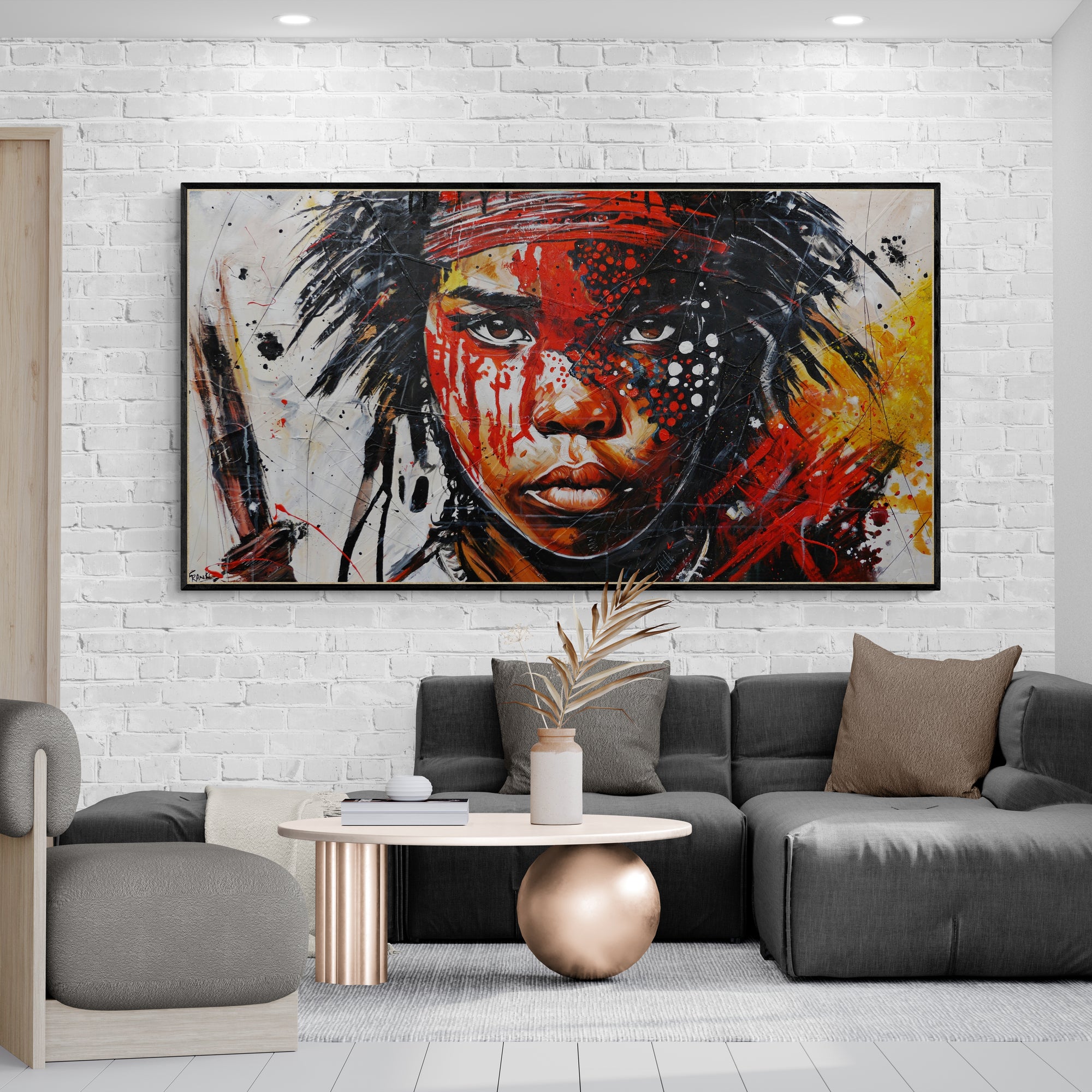 Tribal 190cm x 100cm Brave and Beautiful Abstract Framed Textured Painting (SOLD)-people-[Franko_Artist]-[The_Block]-[Dream_Homes]-[ideas]-[Grand_Designs]-[Art_Lover]-Franklin Art Studio