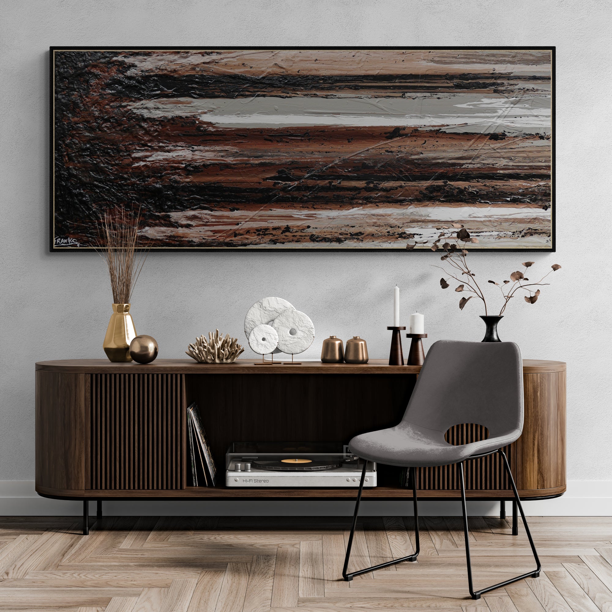 Perfectly Tuned 200cm x 80cm Brown White Black Rust Grey Textured Abstract Painting (SOLD)-Abstract-[Franko_Artist]-[Australian_artist]-[Gold_Coast]-[Brisbane]-[modern]-[contemporary]-[original]-[Large_artwork]-[The_Block]-[Dream_Homes]-[ideas]-[Grand_Designs]-[Art_Lover]-Franklin Art Studio
