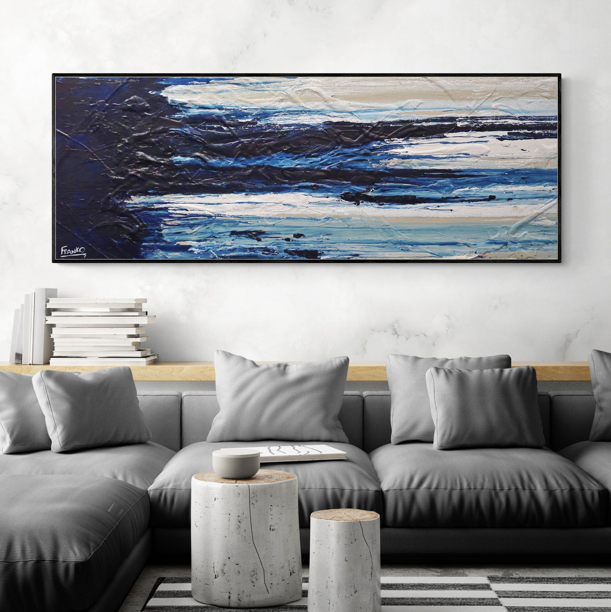 Midnight Mumbo 160cm x 60cm Navy, Blues, Malt, White Textured Abstract Painting (SOLD)-Abstract-[Franko_Artist]-[Australian_artist]-[Gold_Coast]-[Brisbane]-[modern]-[contemporary]-[original]-[Large_artwork]-[The_Block]-[Dream_Homes]-[ideas]-[Grand_Designs]-[Art_Lover]-Franklin Art Studio