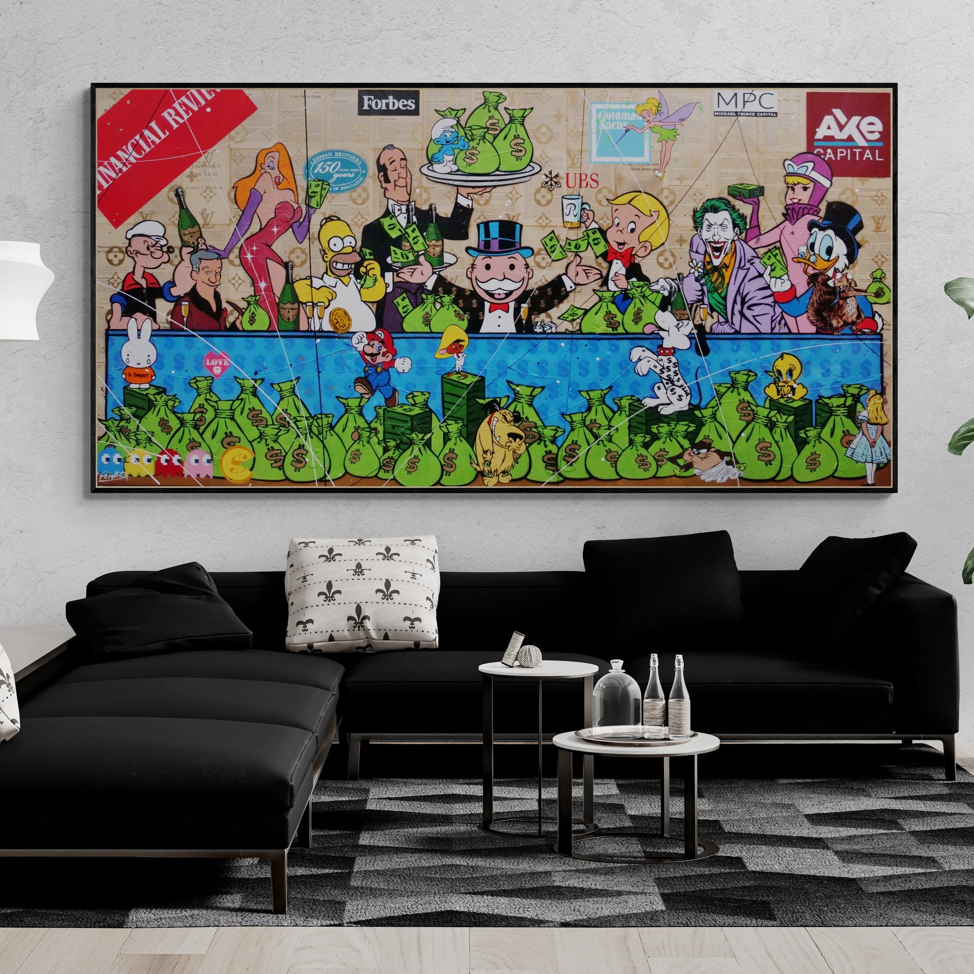 The Money Machine 240cm x 120cm Money Last Supper Urban Pop Book Club Painting-book club-[Franko_Artist]-[Australian_artist]-[Gold_Coast]-[Brisbane]-[modern]-[contemporary]-[original]-[Large_artwork]-[The_Block]-[Dream_Homes]-[ideas]-[Grand_Designs]-[Art_Lover]-Franklin Art Studio