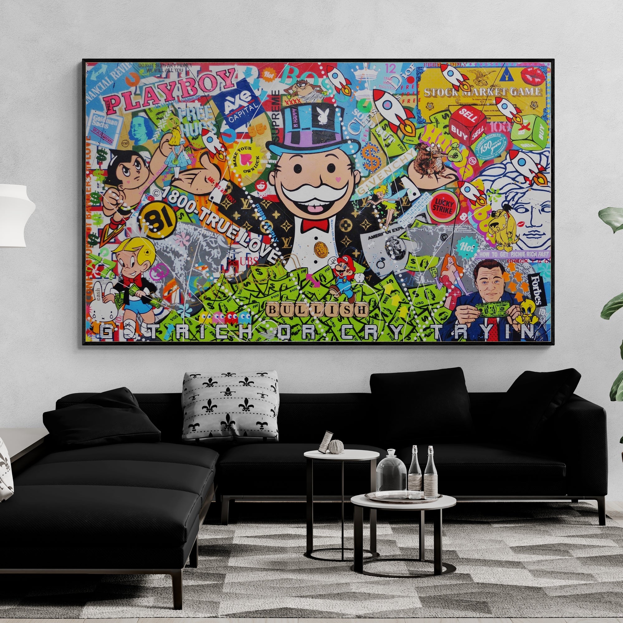 Bullish 250cm x 150cm Monopoly Man Textured Urban Pop Art Painting (SOLD)-Urban Pop Art-[Franko_Artist]-[The_Block]-[Dream_Homes]-[ideas]-[Grand_Designs]-[Art_Lover]-Franklin Art Studio