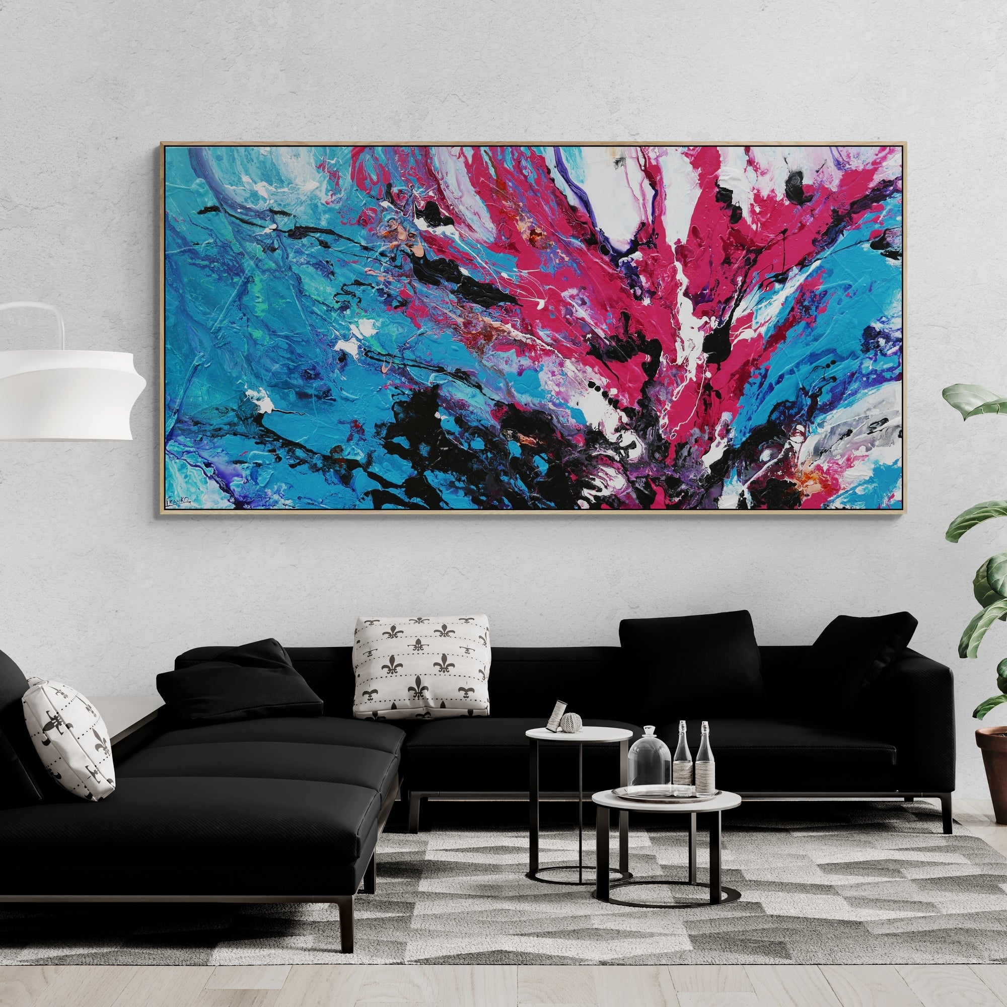 Bloom 240cm x 120cm Blue Pink Textured Abstract Painting (SOLD)-Abstract-[Franko_Artist]-[The_Block]-[Dream_Homes]-[ideas]-[Grand_Designs]-[Art_Lover]-Franklin Art Studio