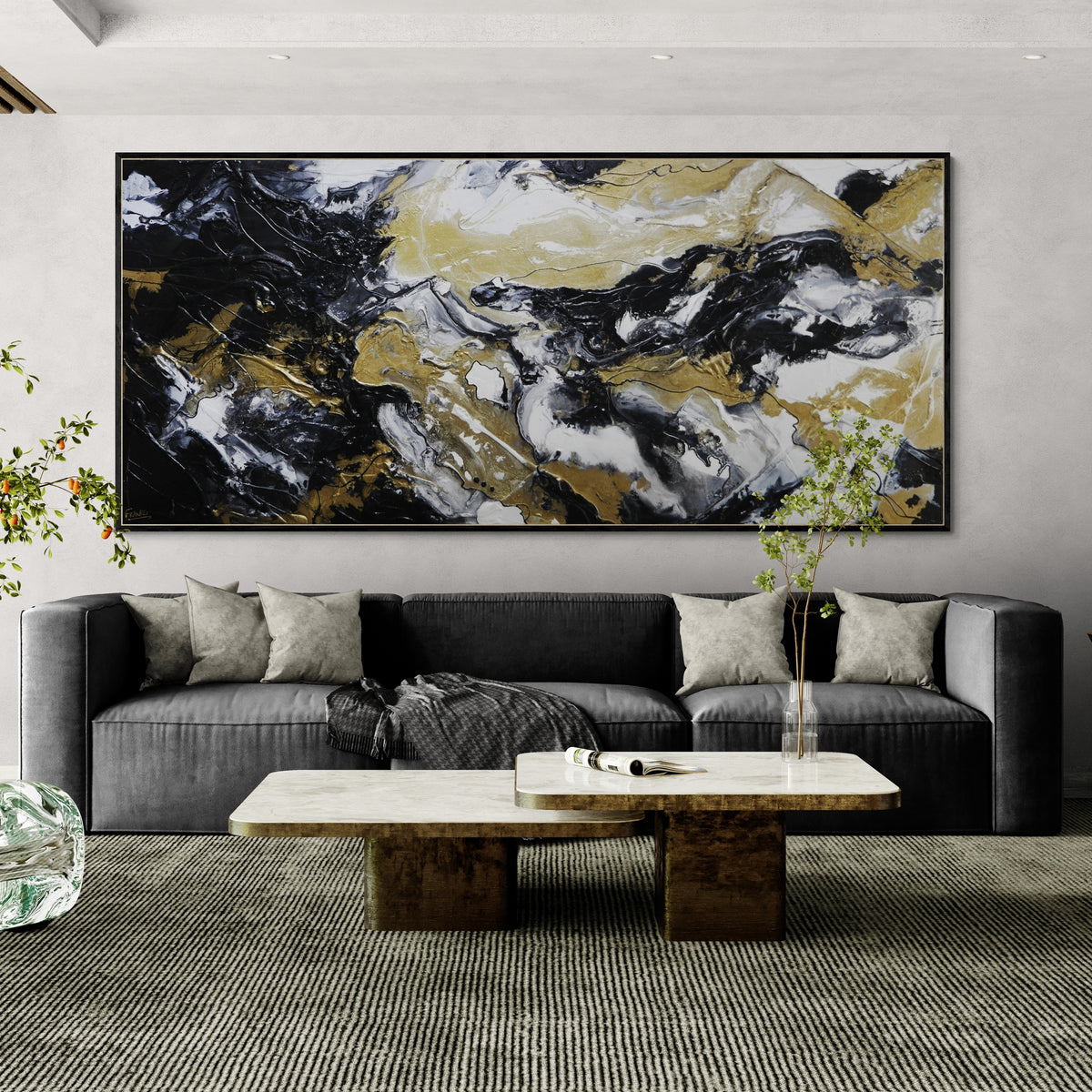 Slated Ransom 270cm x 120cm Black Gold White Textured Abstract Painting