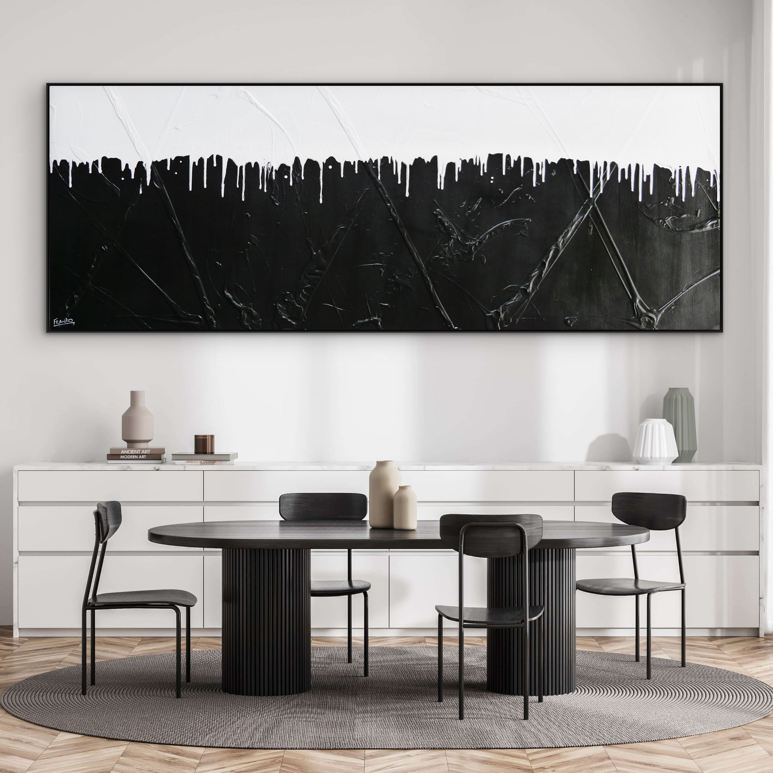Whippy 270cm x 100cm Black and White Textured Abstract Painting