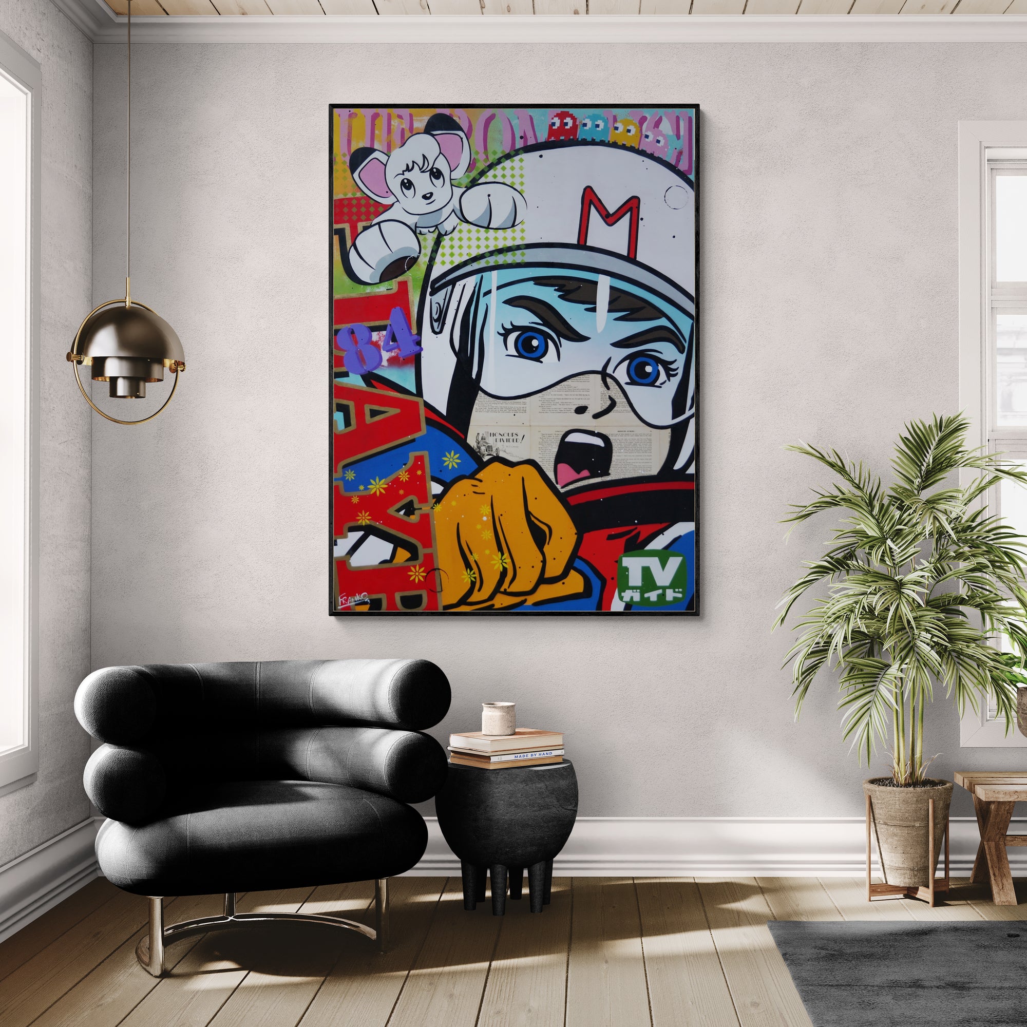 Speeding '84 100cm x 140cm Speed Racer Vintage Urban Pop Book Club Painting (SOLD)-book club-[Franko_Artist]-[Australian_artist]-[Gold_Coast]-[Brisbane]-[modern]-[contemporary]-[original]-[Large_artwork]-[The_Block]-[Dream_Homes]-[ideas]-[Grand_Designs]-[Art_Lover]-Franklin Art Studio