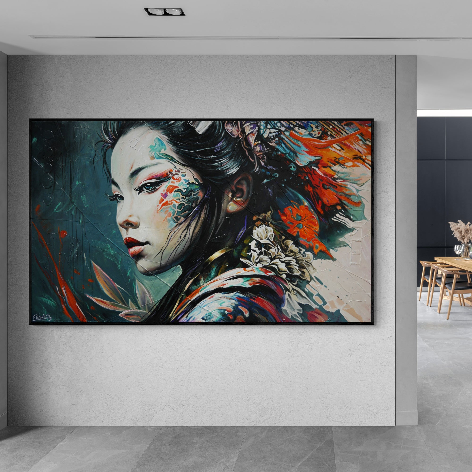 Amane 200cm x 120cm FRAMED IN OAK Warrior Abstract Realism Art Acrylic Textured Glossed (SOLD)-Abstract-[Franko_Artist]-[Australian_artist]-[Gold_Coast]-[Brisbane]-[modern]-[contemporary]-[original]-[Large_artwork]-[The_Block]-[Dream_Homes]-[ideas]-[Grand_Designs]-[Art_Lover]-Franklin Art Studio