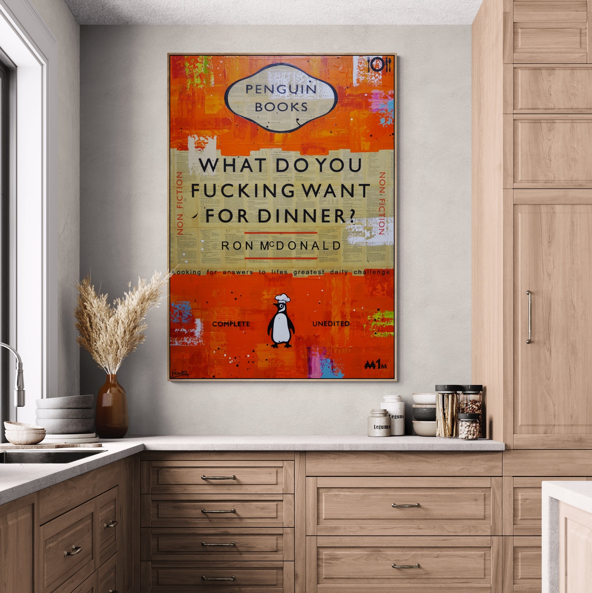 Dinner Time 140cm x 100cm Cooking Urban Pop Book Club Painting (SOLD)-book club-[Franko_Artist]-[Australian_artist]-[Gold_Coast]-[Brisbane]-[modern]-[contemporary]-[original]-[Large_artwork]-[The_Block]-[Dream_Homes]-[ideas]-[Grand_Designs]-[Art_Lover]-Franklin Art Studio