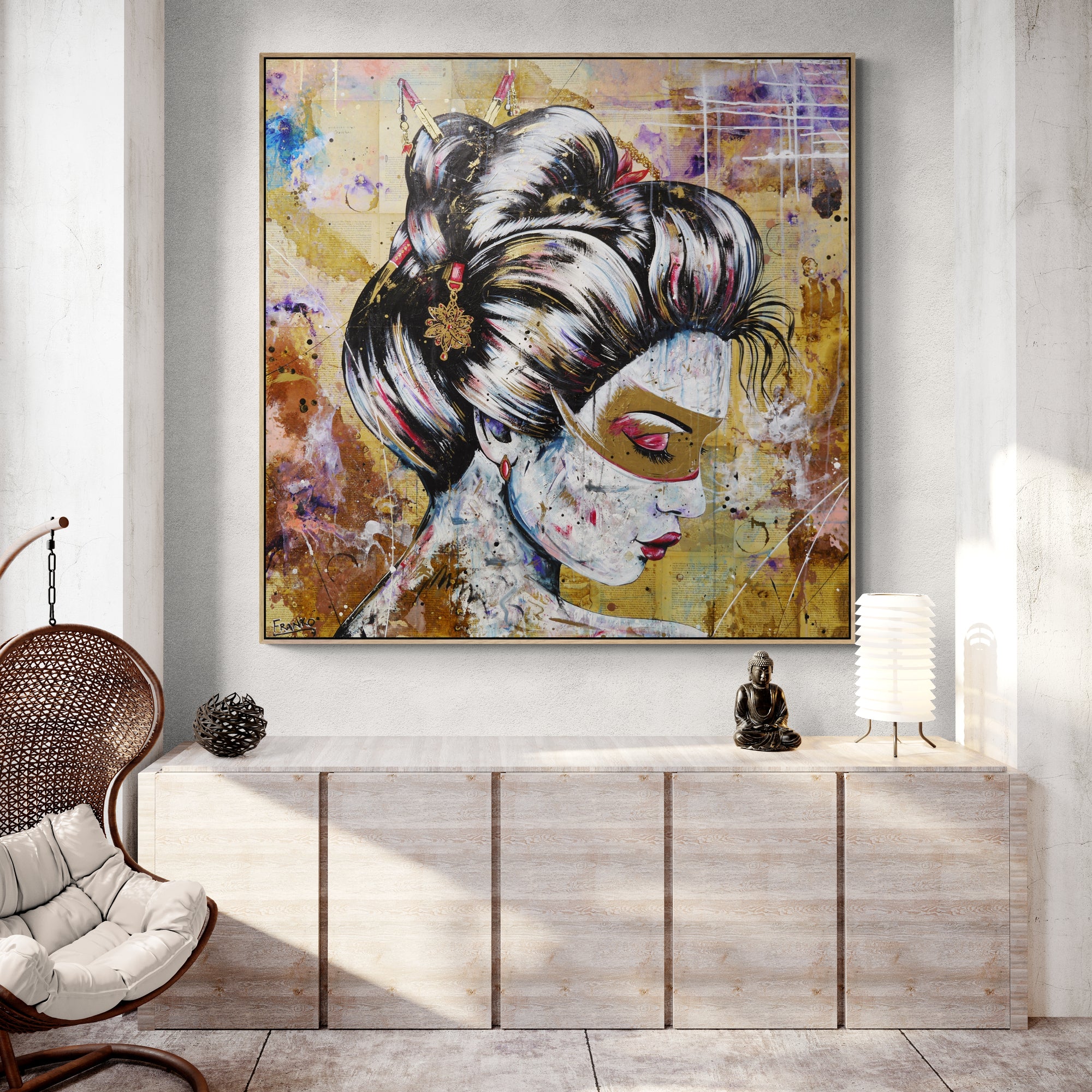 Heiwa 120cm x 120cm Geisha Abstract Realism Book Club Painting (SOLD)-book club-[Franko_Artist]-[Australian_artist]-[Gold_Coast]-[Brisbane]-[modern]-[contemporary]-[original]-[Large_artwork]-[The_Block]-[Dream_Homes]-[ideas]-[Grand_Designs]-[Art_Lover]-Franklin Art Studio