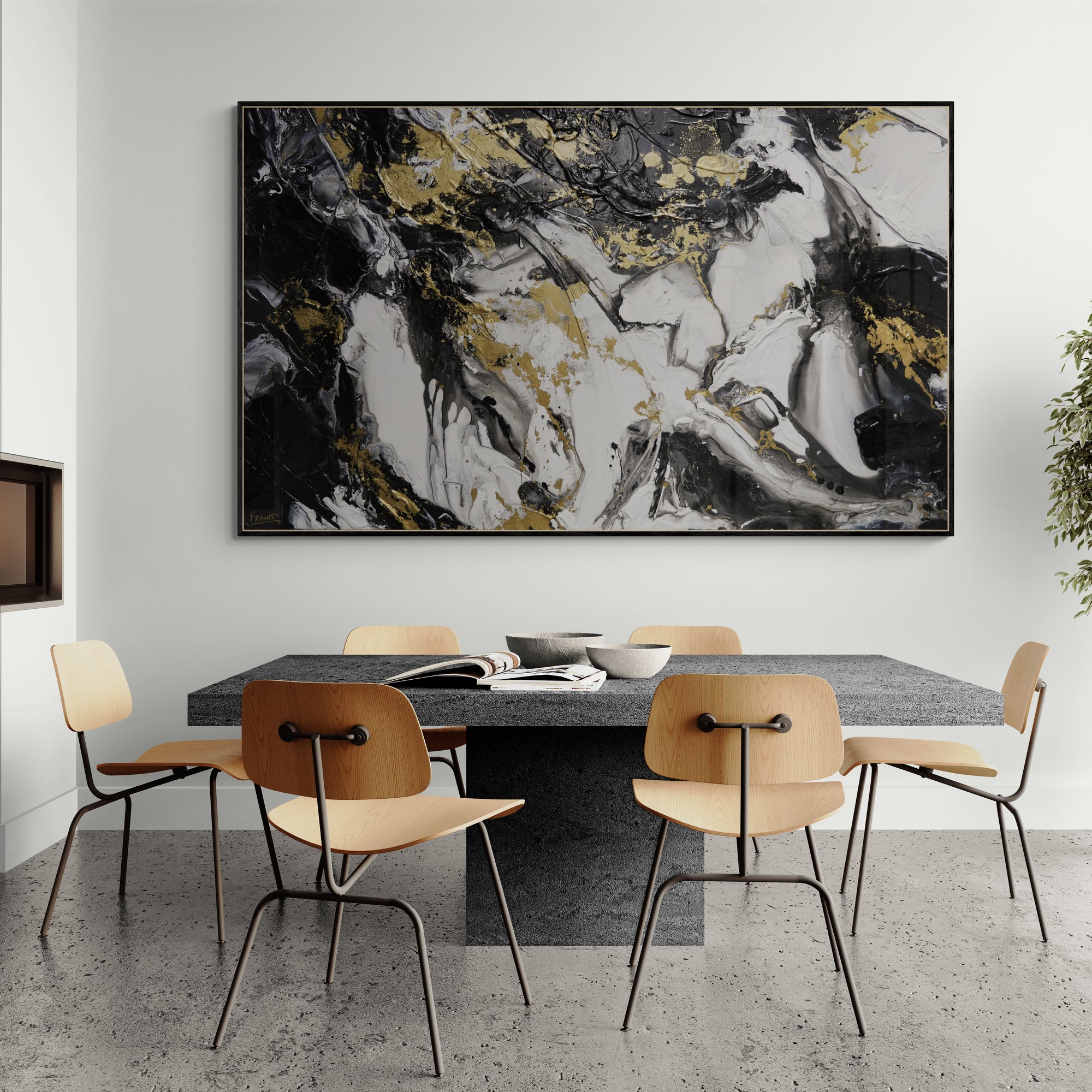 Chasing Bullion 200cm x 120cm Black White Metallic Gold Textured Abstract Painting (SOLD)