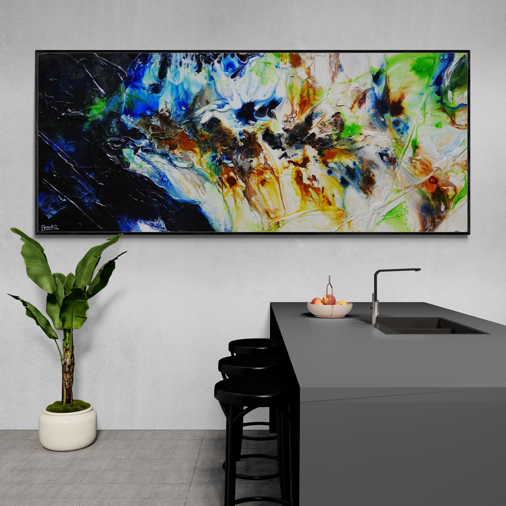 The Natural Potion 240cm x 100cm Blue Green Ochre Textured Abstract Painting (SOLD)-Abstract-[Franko_Artist]-[The_Block]-[Dream_Homes]-[ideas]-[Grand_Designs]-[Art_Lover]-Franklin Art Studio