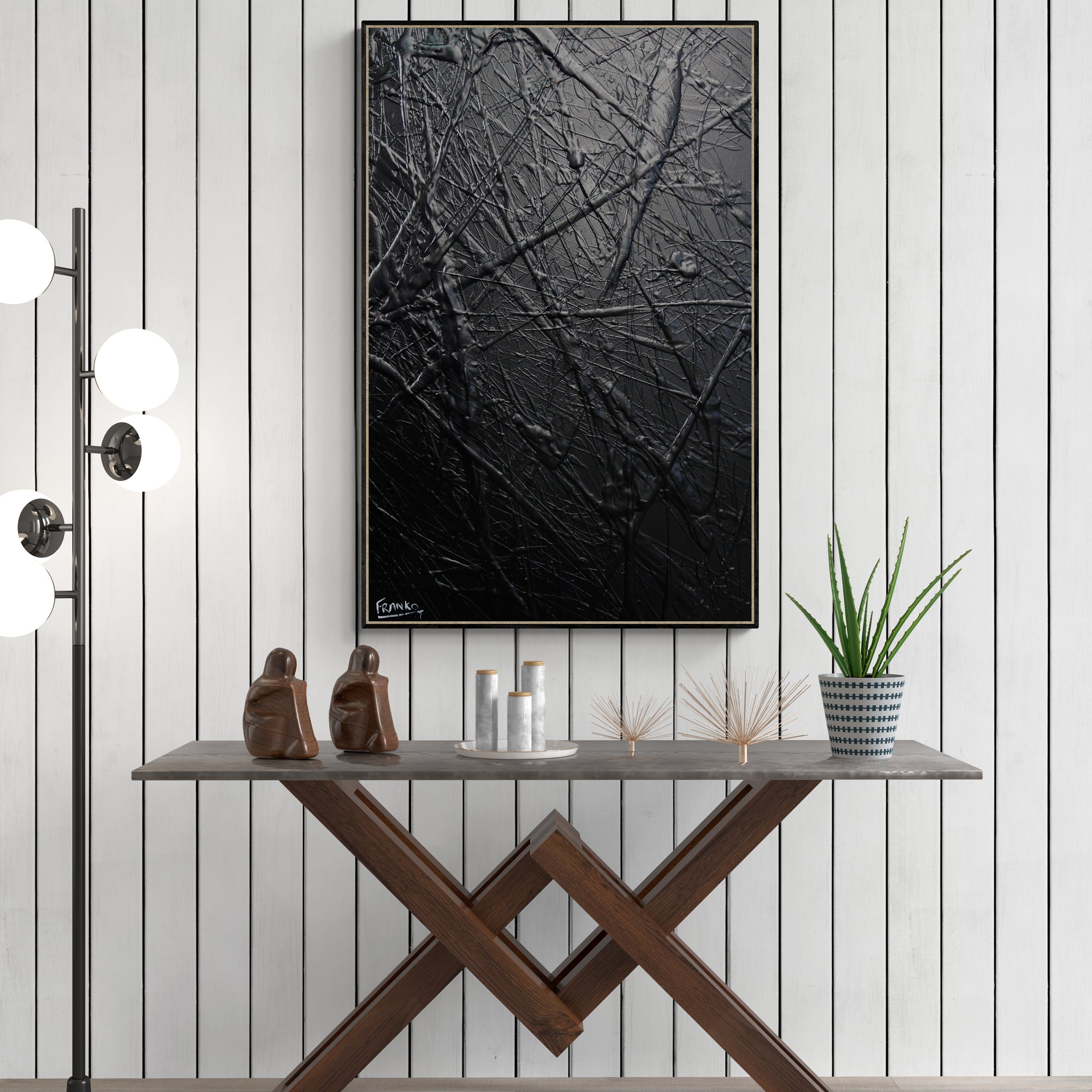 Black Lace 92cm x 60cm Black Textured Abstract Painting (SOLD)-Abstract-[Franko_Artist]-[The_Block]-[Dream_Homes]-[ideas]-[Grand_Designs]-[Art_Lover]-Franklin Art Studio