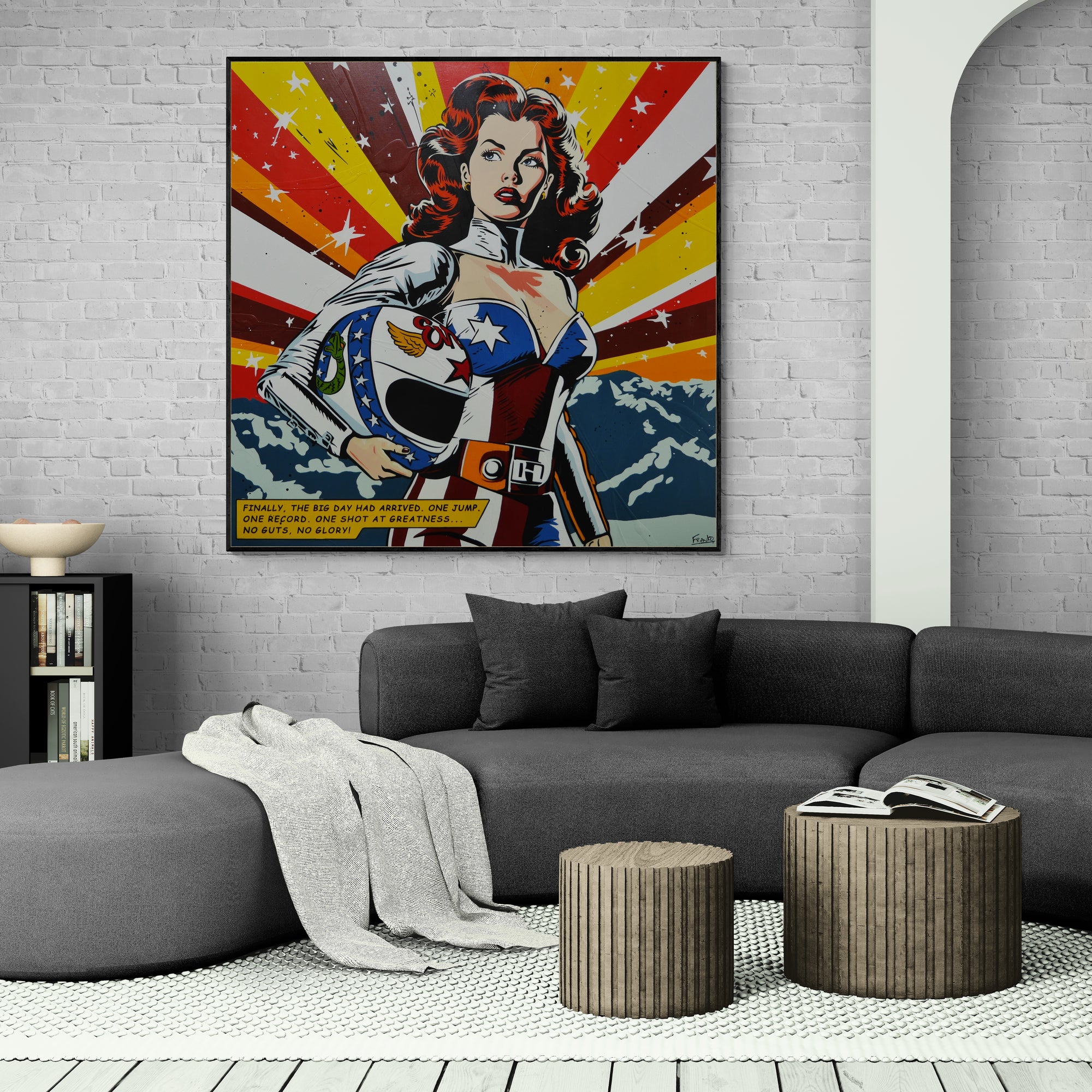 One Record 150cm x 150cm Evel Knievel Stunt Devil Textured Classic Pop Art Painting-Urban Pop Art-[Franko_Artist]-[Australian_artist]-[Gold_Coast]-[Brisbane]-[modern]-[contemporary]-[original]-[Large_artwork]-[The_Block]-[Dream_Homes]-[ideas]-[Grand_Designs]-[Art_Lover]-Franklin Art Studio