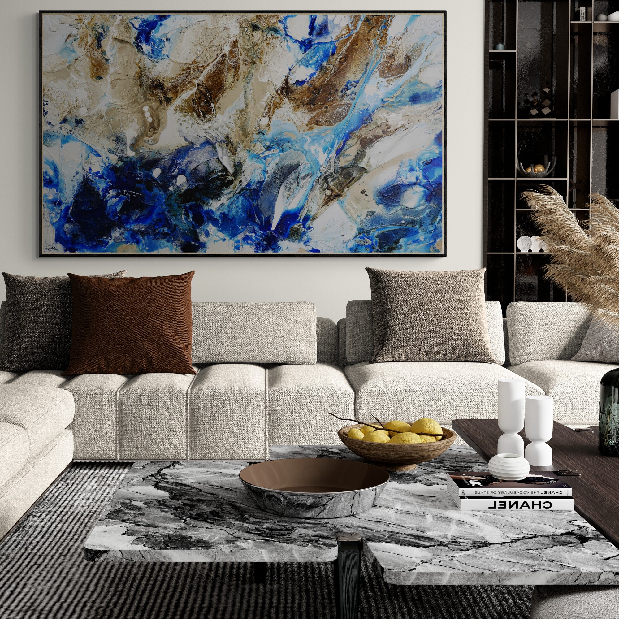 Pure Casbah 250cm x 150cm White Blue Honey Textured Abstract Painting (SOLD)-Abstract-[Franko_Artist]-[The_Block]-[Dream_Homes]-[ideas]-[Grand_Designs]-[Art_Lover]-Franklin Art Studio
