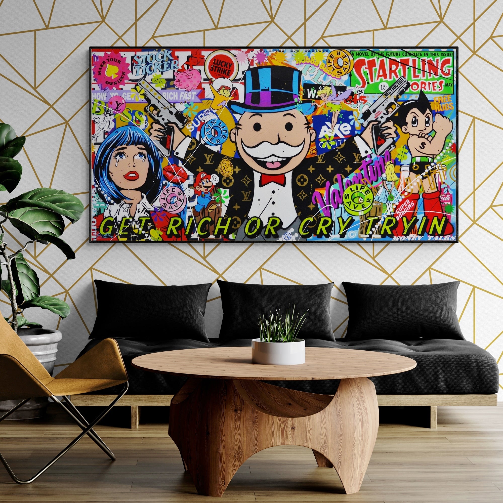 Talking Cash 190cm x 100cm Monopoly Man Textured Urban Pop Art Painting (SOLD)-Urban Pop Art-[Franko_Artist]-[Australian_artist]-[Gold_Coast]-[Brisbane]-[modern]-[contemporary]-[original]-[Large_artwork]-[The_Block]-[Dream_Homes]-[ideas]-[Grand_Designs]-[Art_Lover]-Franklin Art Studio
