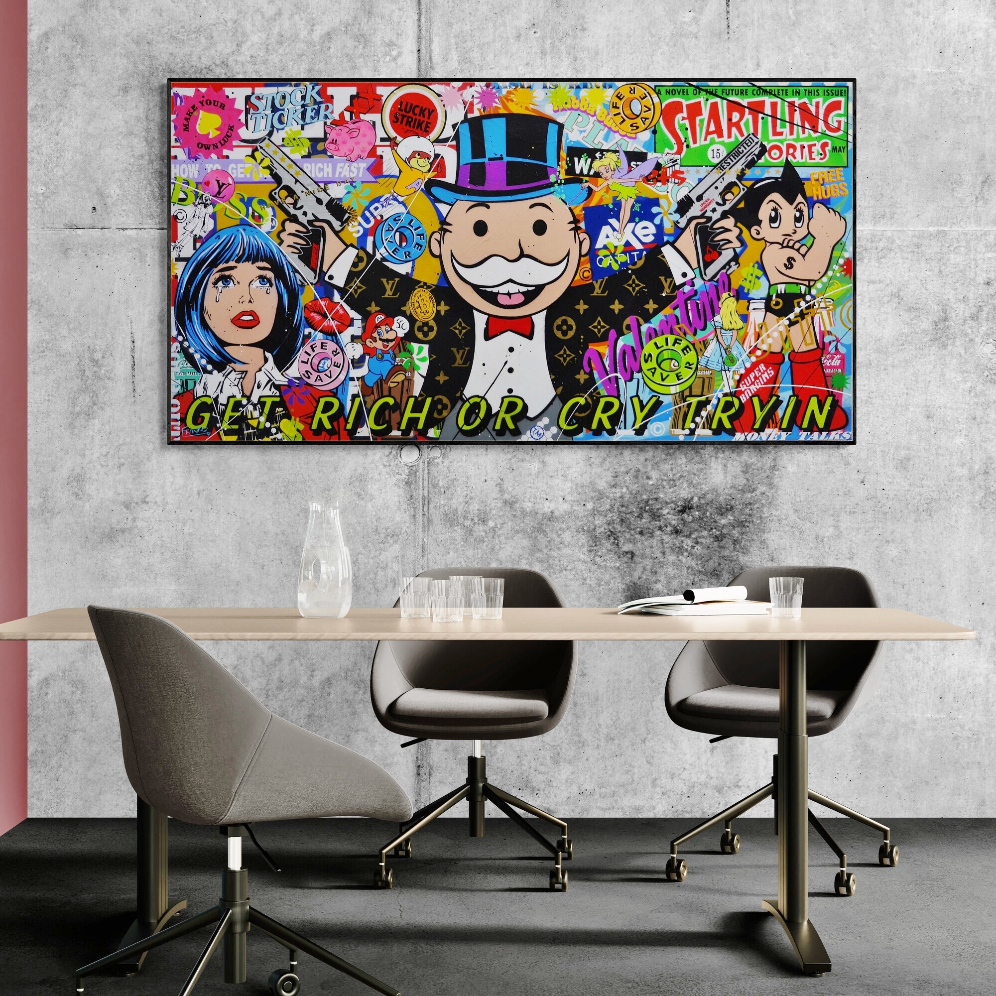 Talking Cash 190cm x 100cm Monopoly Man Textured Urban Pop Art Painting (SOLD)-Urban Pop Art-[Franko_Artist]-[The_Block]-[Dream_Homes]-[ideas]-[Grand_Designs]-[Art_Lover]-Franklin Art Studio