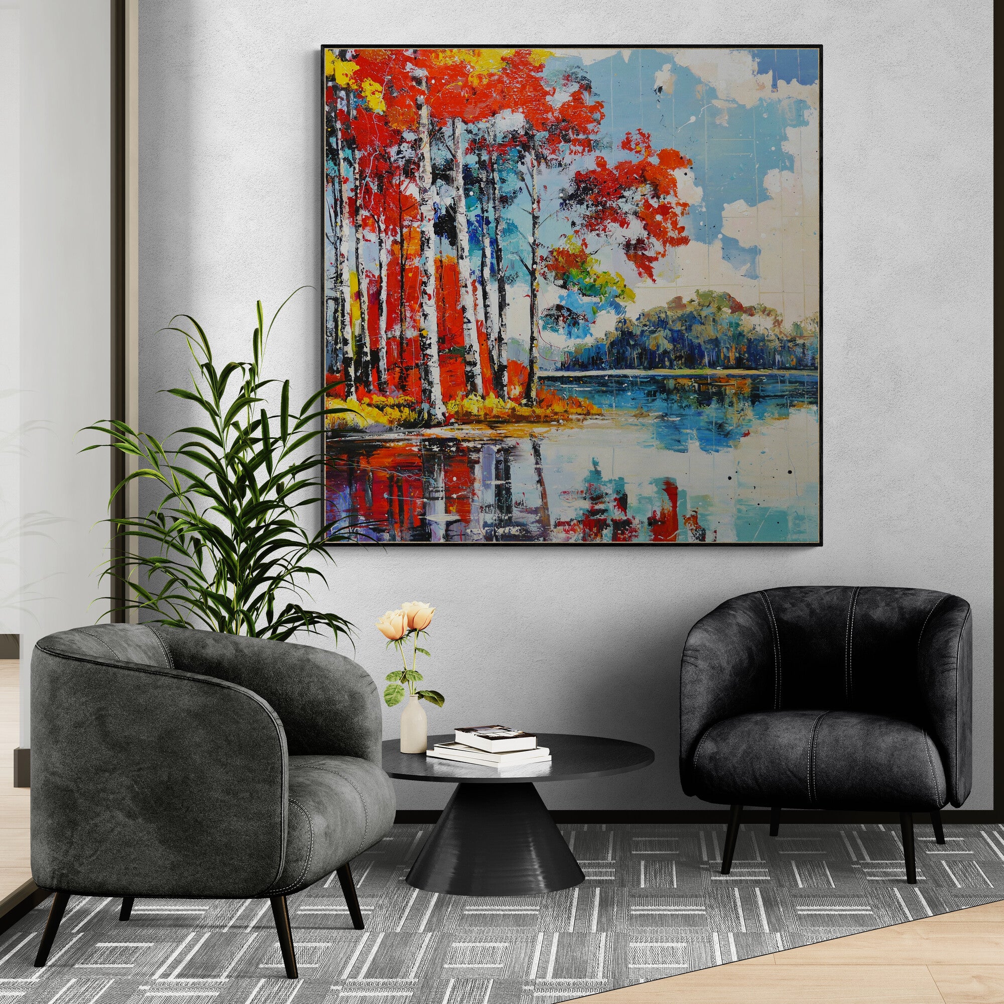 Forestry 120cm x 120cm Framed Landscape Textured Abstract Realism Painting (SOLD)-abstract realism-[Franko_Artist]-[The_Block]-[Dream_Homes]-[ideas]-[Grand_Designs]-[Art_Lover]-Franklin Art Studio