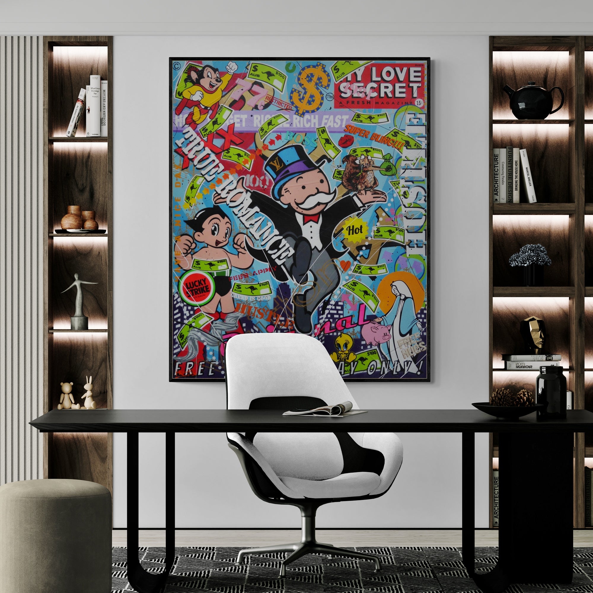 Money Bags 120cm x 150cm Monopoly Man Textured Urban Pop Art Painting (SOLD)-Urban Pop Art-[Franko_Artist]-[Australian_artist]-[Gold_Coast]-[Brisbane]-[modern]-[contemporary]-[original]-[Large_artwork]-[The_Block]-[Dream_Homes]-[ideas]-[Grand_Designs]-[Art_Lover]-Franklin Art Studio