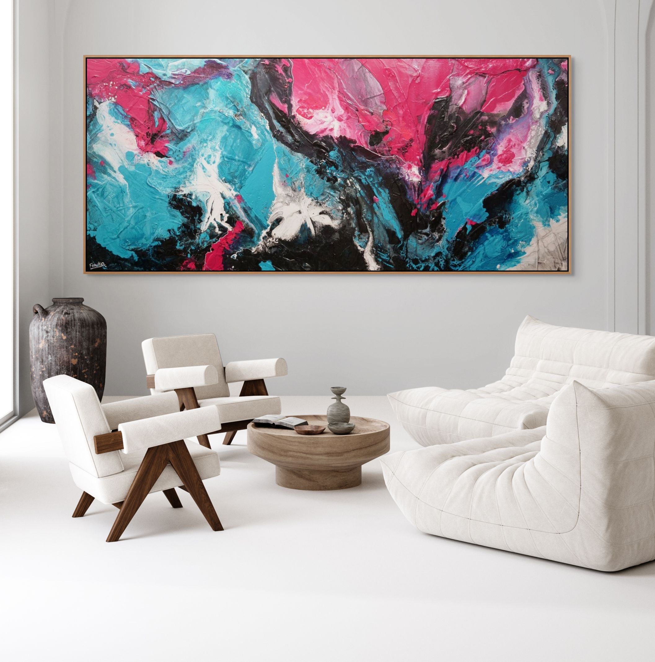 Magic 270cm x 120cm Black Teal Magenta Textured Abstract Painting