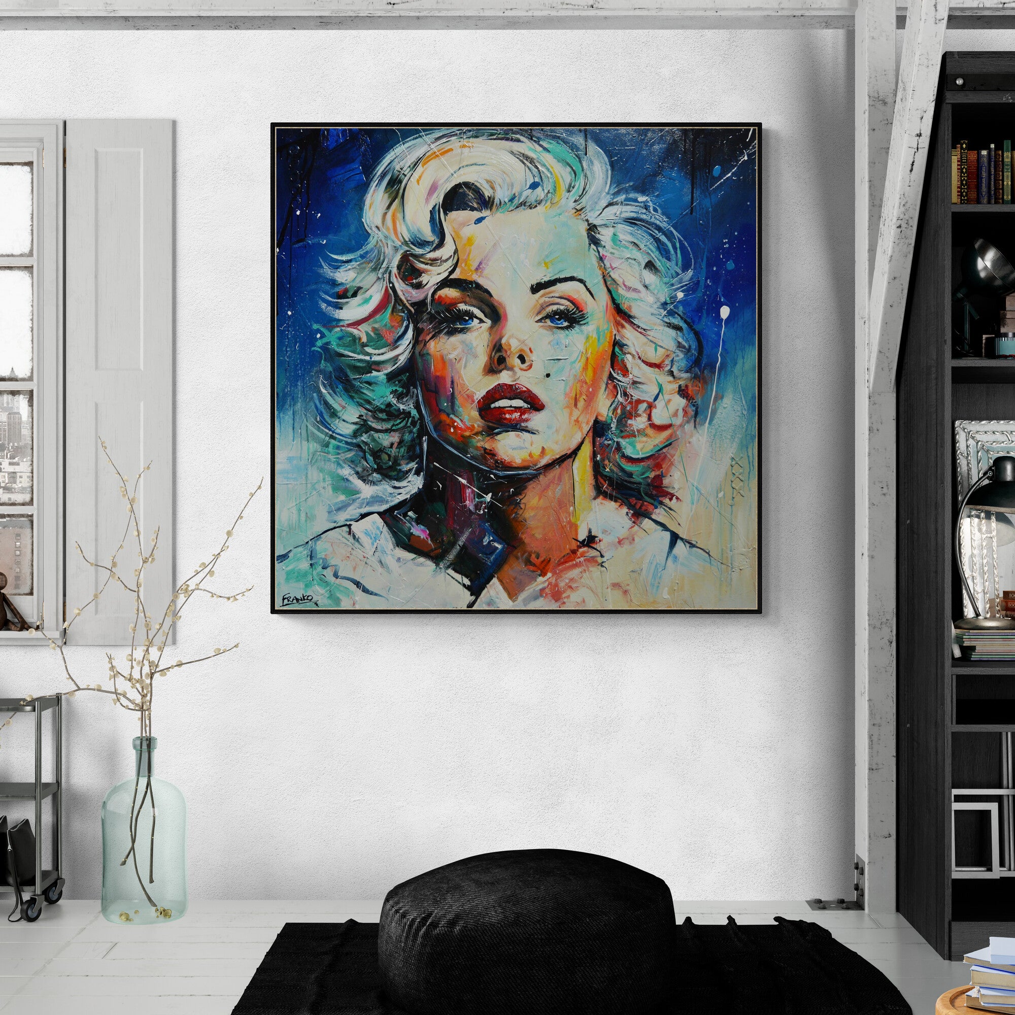 Teal Blond 120cm x 120cm Marilyn Munroe Textured Abstract Realism Painting (SOLD)-abstract realism-[Franko_Artist]-[Australian_artist]-[Gold_Coast]-[Brisbane]-[modern]-[contemporary]-[original]-[Large_artwork]-[The_Block]-[Dream_Homes]-[ideas]-[Grand_Designs]-[Art_Lover]-Franklin Art Studio