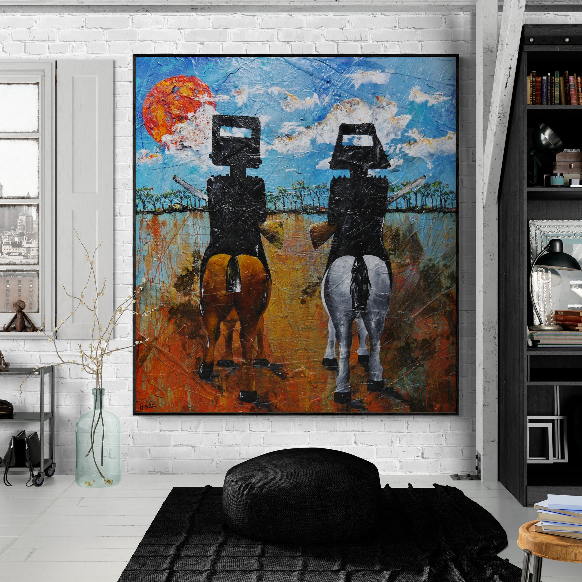 Brothers In Arms 163cm x 180cm Ned Kelly Abstract Realism Texture Painting with Black Frame (SOLD)-Abstract-[Franko_Artist]-[Australian_artist]-[Gold_Coast]-[Brisbane]-[modern]-[contemporary]-[original]-[Large_artwork]-[The_Block]-[Dream_Homes]-[ideas]-[Grand_Designs]-[Art_Lover]-Franklin Art Studio
