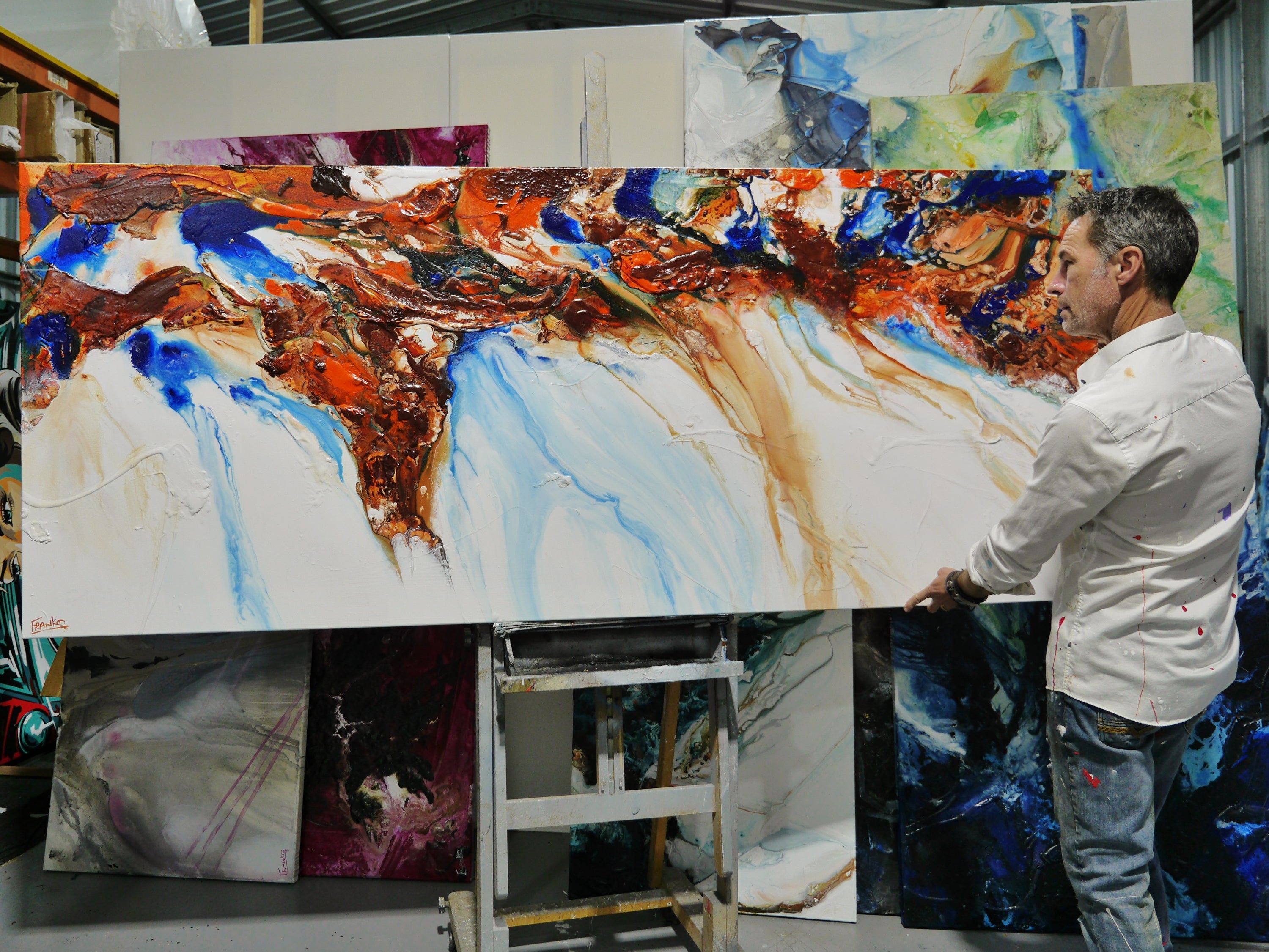 Sapphire Blue Coast 240cm x 100cm White Blue Ochre Textured Abstract Painting (SOLD)-Abstract-[Franko_Artist]-[The_Block]-[Dream_Homes]-[ideas]- [Grand_Designs]-Franklin Art Studio