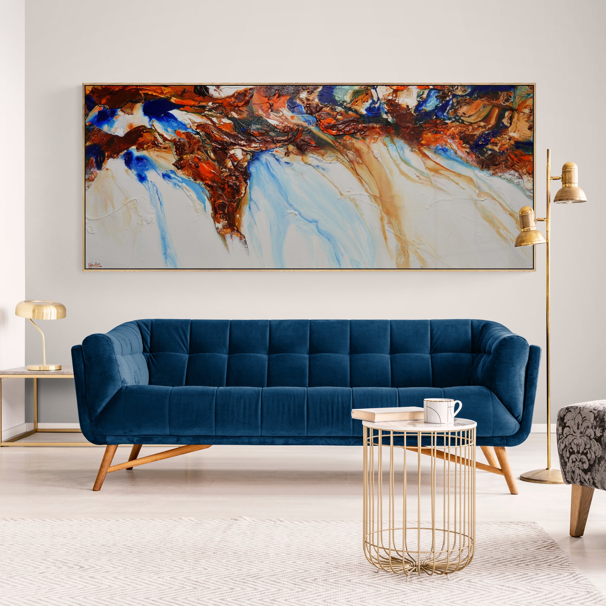 Sapphire Blue Coast 240cm x 100cm White Blue Ochre Textured Abstract Painting (SOLD)-Abstract-[Franko_Artist]-[The_Block]-[Dream_Homes]-[ideas]-[Grand_Designs]-[Art_Lover]-Franklin Art Studio